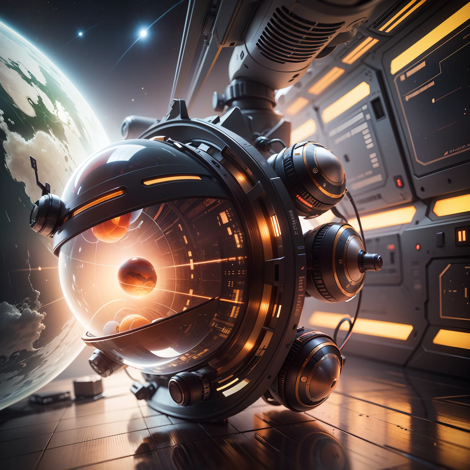 spherical cyber art in the style of cpu gadgets in space, digital rendering, cinematic lighting, ray tracing reflection 4k