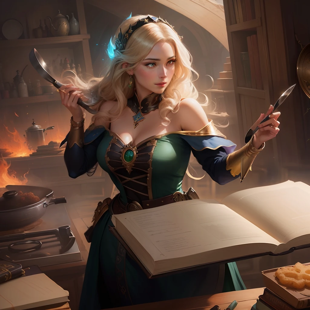 there is a woman in a green dress holding a frying pan, rpg book portrait, by Cynthia Sheppard, tyler edlin fantasy art, graphic artist magali villeneuve, realistic fantasy illustration, female mage conjuring a spell, fantasy genre portrait, magali villeneuve', alexandra fomina artstation, epic exquisite character art, fantasy rpg book illustration, fantasy book illustration