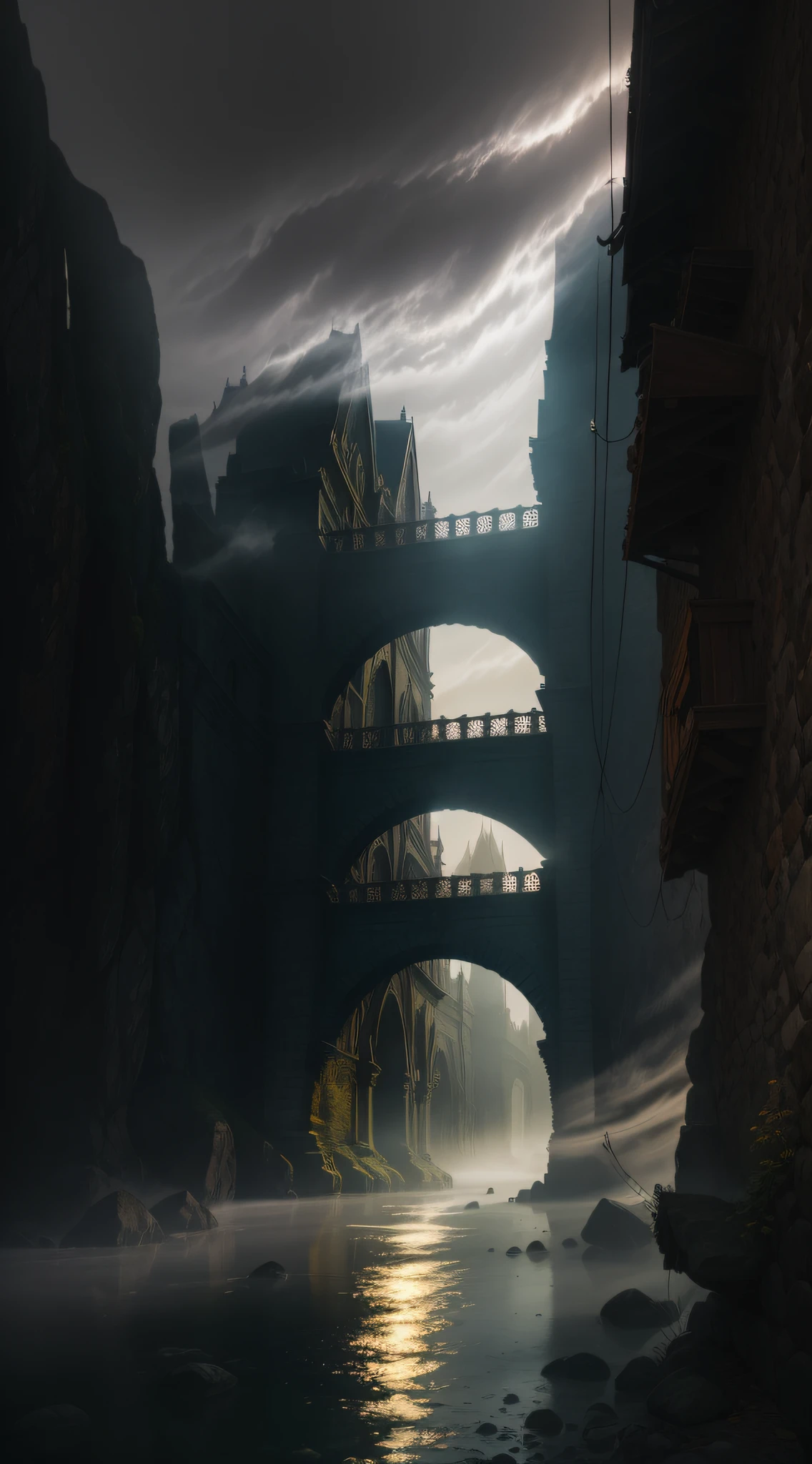 The Araffed Stone Bridge is over the river, There is fog and foggy sky, Mysterious fog light, Old Bridge, Golden fog, bashi, Hazy mood, Yellow fog, thin fog, thin fog, Soft light mist, Foggy at dawn, The winter mist surrounded her, Foggy weather, Dark and foggy mornings, hazy atmosphere, mystical setting, thick fog, Early morning, Surrealism, American propaganda poster, high detail, Surrealism, rococo style, high detail, chiaroscuro, cinematic lighting, sparkle, Fujicolor, textured skin, highres, best quality, 8k, UHD, retina, masterpiece, ccurate, anatomically correct, super detail, high details, high quality, award winning, best quality, highres, 8k --auto