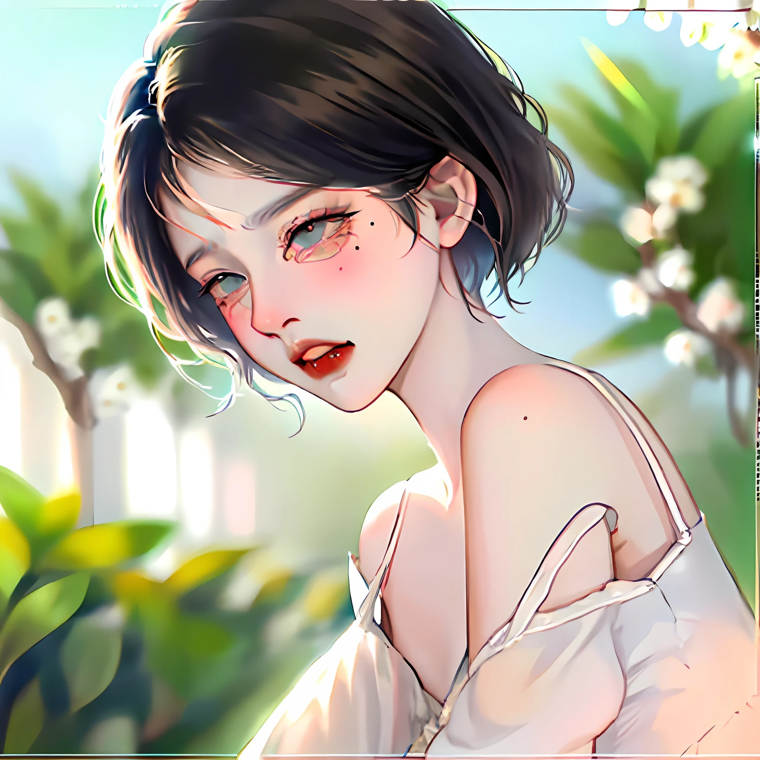 Boy red lips skin white black hair crying tears in eyes all over picture beautiful white clothes background in garden, black hair, mole under eye, furrowed brow, hollow eyes, crying with eyes open, clenched teeth, tearing up, nervous, light blush, sobbing, short hair, short hair, first-person view, pov, masterpiece, highres, best quality --auto