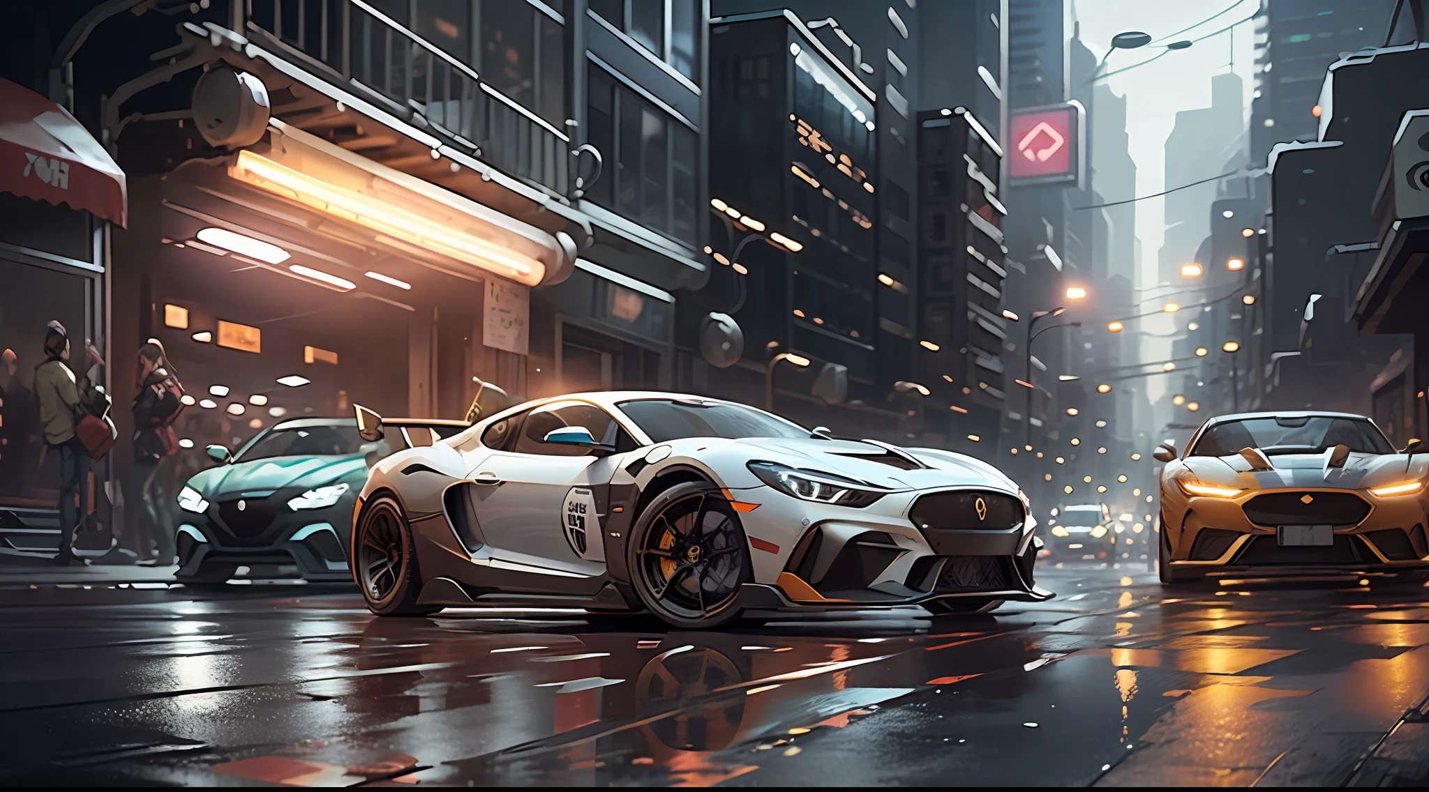 Sports cars chasing, buildings shimmering under neon lights, midnight urban cyberpunk style, mirrors reflecting rain on the ground, the picture is full and delicate, showing the best quality and high level of detail.
