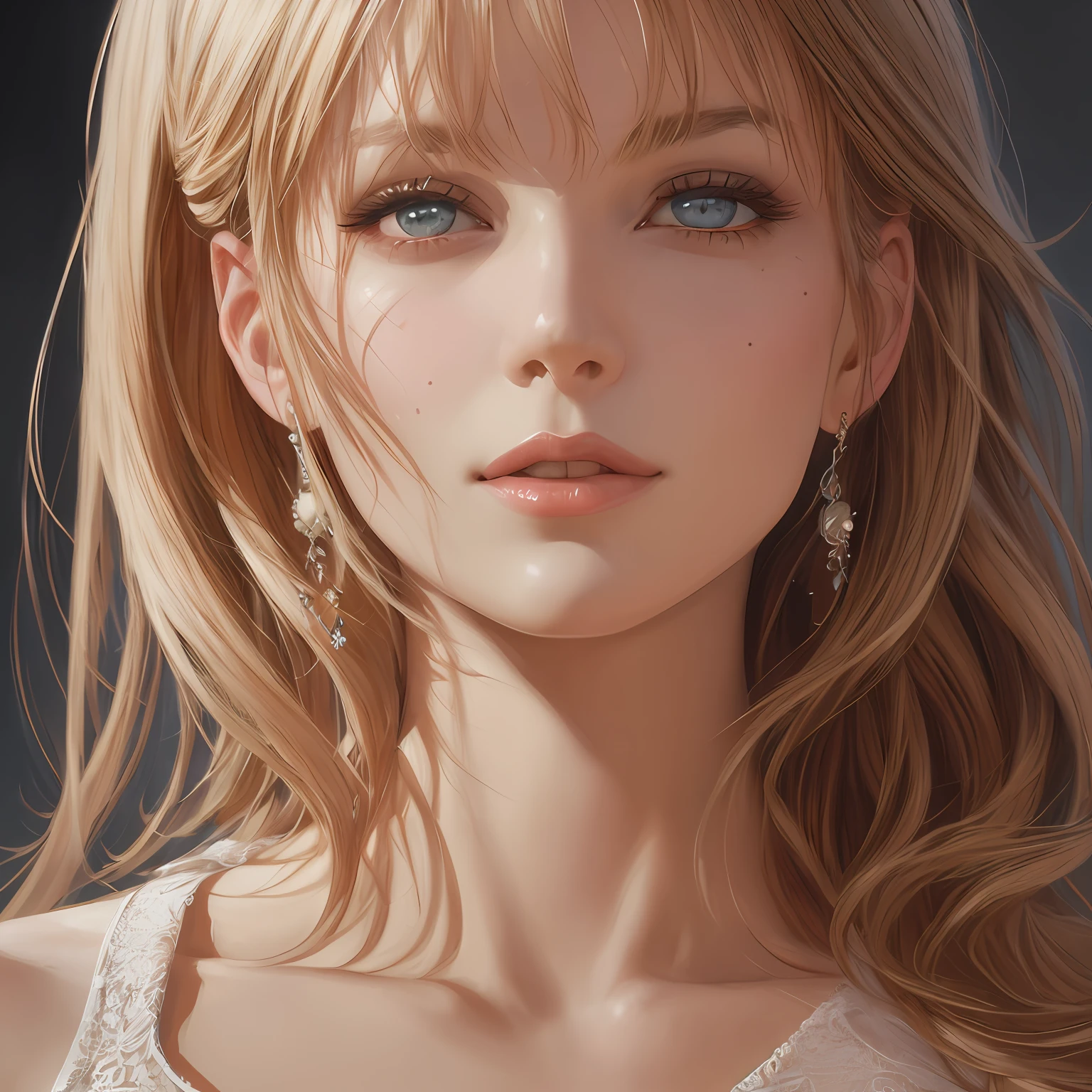 (Hyper-real), (illustartion), (HIGH RES), (8K), (extremely detail), (best illustrations), (BEAUTIFUL DETAILED EYES), (best best quality), (super cum-detailliert), (MasterPiece), ( ,desktop wallpaper), (Detailed face), Milky white,fair skin,High Detail skin, Realistic Skin Details, visible pores,(dynamicpose),1 girl,The art of John Collier and Albert Obright and Krenz Kusart and Artem Demura,open shoulders,A shallow smile,Cameltoe,HALF-body, Perfect Scale ,leisure wear --auto