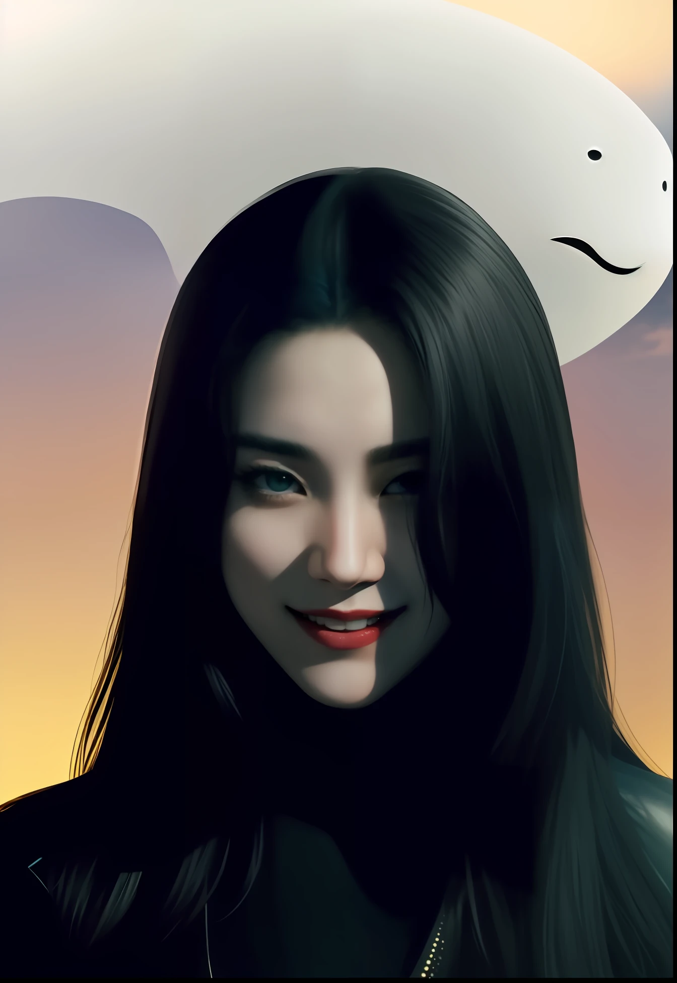 filmic《Ghost of the Sun》The poster, character poster, iu lee ji-eun as a super villain, bad smiles,Spooky crazy laughter,beatiful face,Photograph Portrait, movie promo image