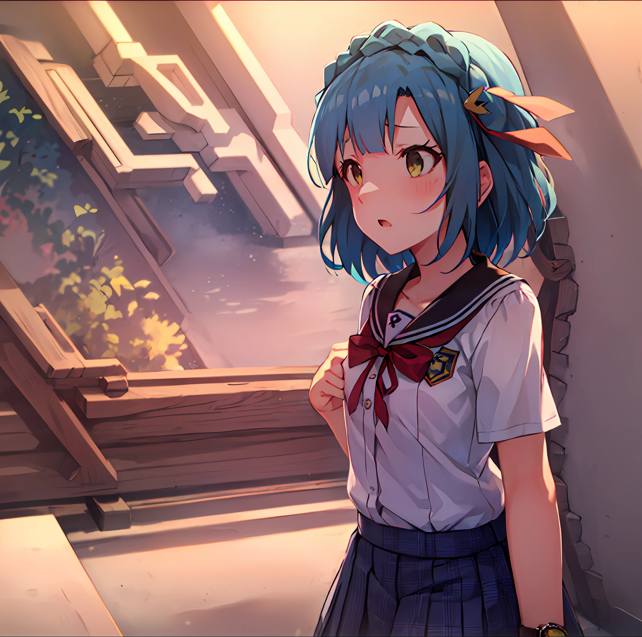 Yuriko Nanao (Million Live), (Top Quality, 8K, Masterpiece, Super Detail: 1.2), Cinematic Angle, Wide Shot, 1 Girl, Solo, Skirt, Watch Audience, Sailor Color, Pleated Skirt, Short Sleeve, School Uniform, Blush, Serapuk, Clavicle, Ribbon, Upper Body, Adjusted Hair, Wind, Floating Hair,Stand Up. ((((Despair Face)))).Sunset.Small Breasts. (((((empty eyes)))).open your mouth. (((helplessness))).