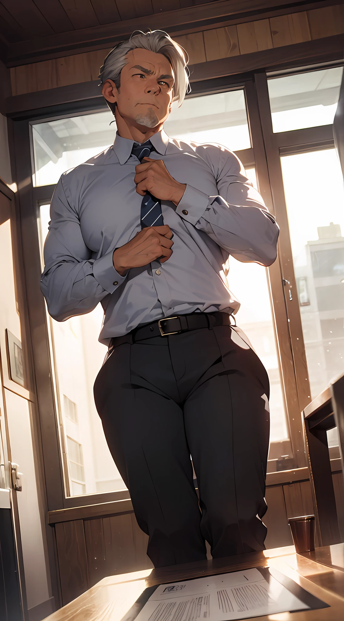 Middle-aged man, in a suit, muscle, muscle, huge, gray-haired, single-shot, twitchy hair. Sit on the throne.