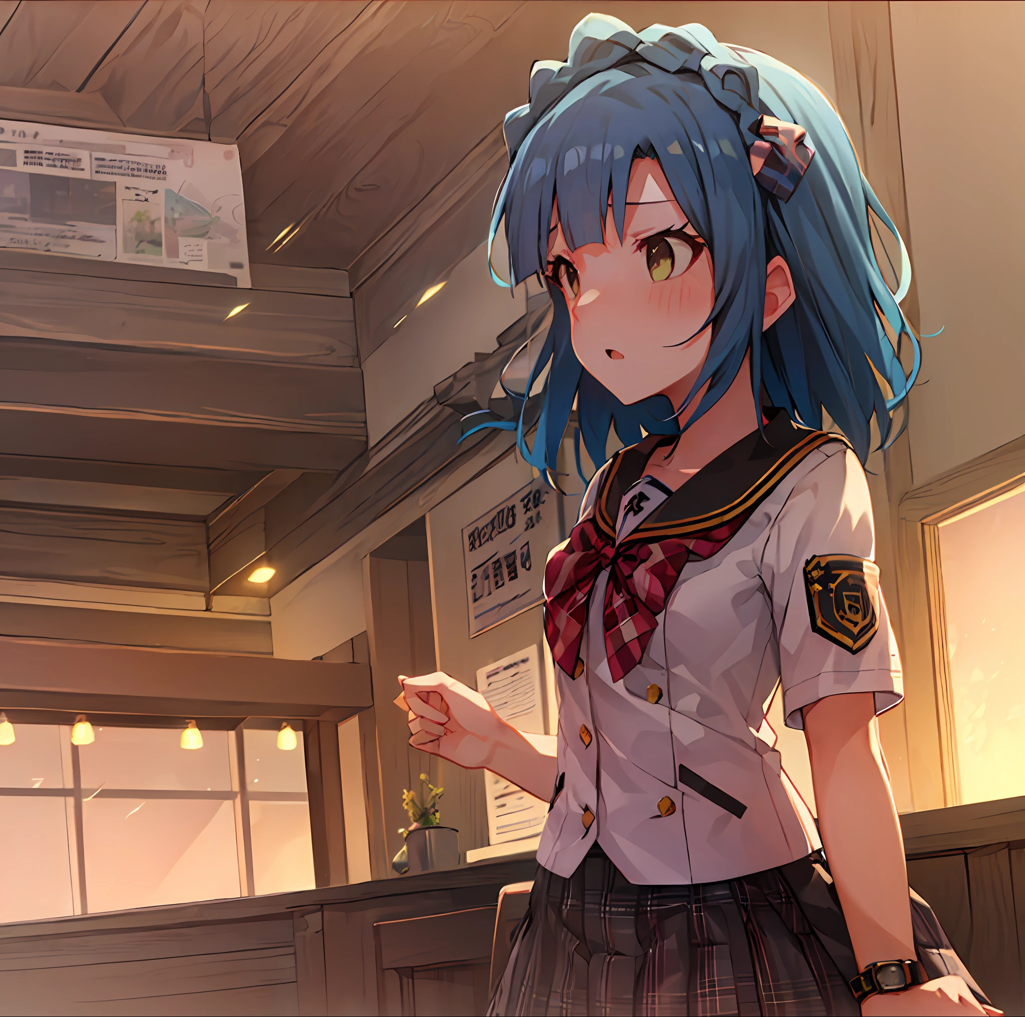 Yuriko Nanao (Million Live), (Top Quality, 8K, Masterpiece, Super Detail: 1.2), Cinematic Angle, Wide Shot, 1 Girl, Solo, Skirt, Watch Audience, Sailor Color, Pleated Skirt, Short Sleeve, School Uniform, Blush, Serapuk, Clavicle, Ribbon, Upper Body, Adjusted Hair, Wind, Floating Hair,Stand Up. ((((Despair Face)))).Sunset.Small Breasts. (((((empty eyes)))).open your mouth. (((helplessness))).