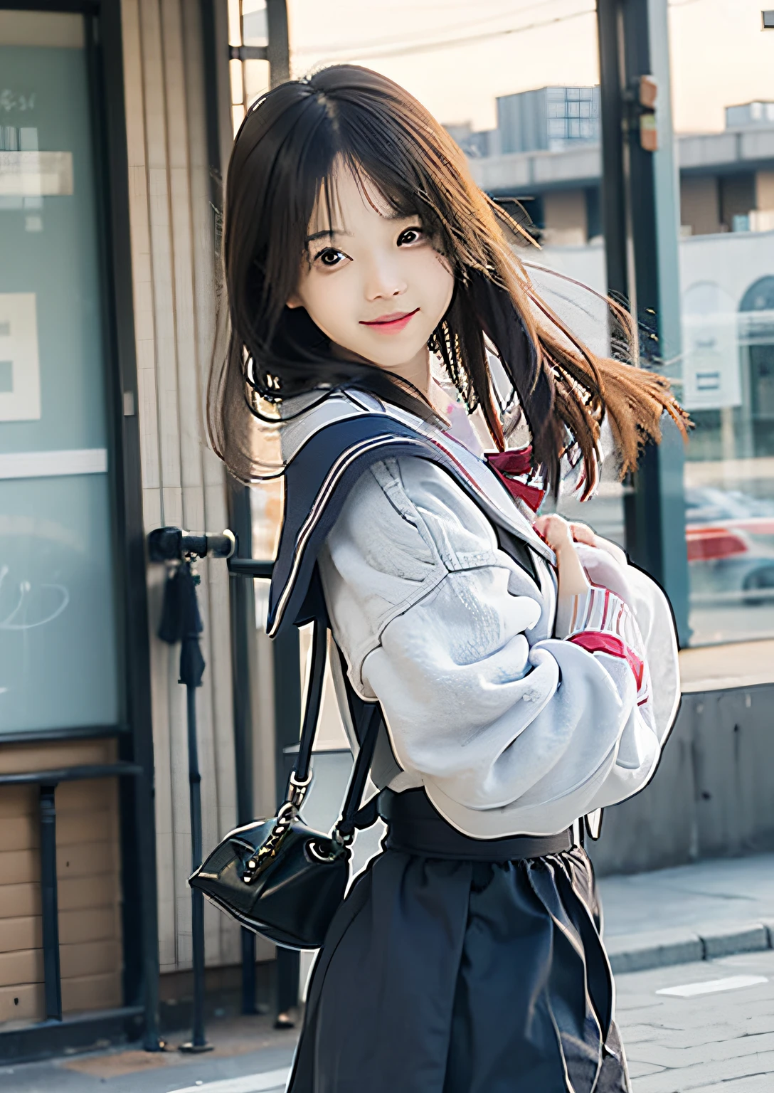 A young girl in school uniform poses for a photo, loose coat collar sailor uniform, japanese girl school uniform, a japanese schoolgirl pose, japanese school uniform, wearing a japanese school uniform with hands behind her back, a beautiful anime girl, ulzzang, popular in CGSTATION, cute cute, magical schoolboy uniform, jk uniform, cute girl, cute cute sailor uniform with hands behind your back