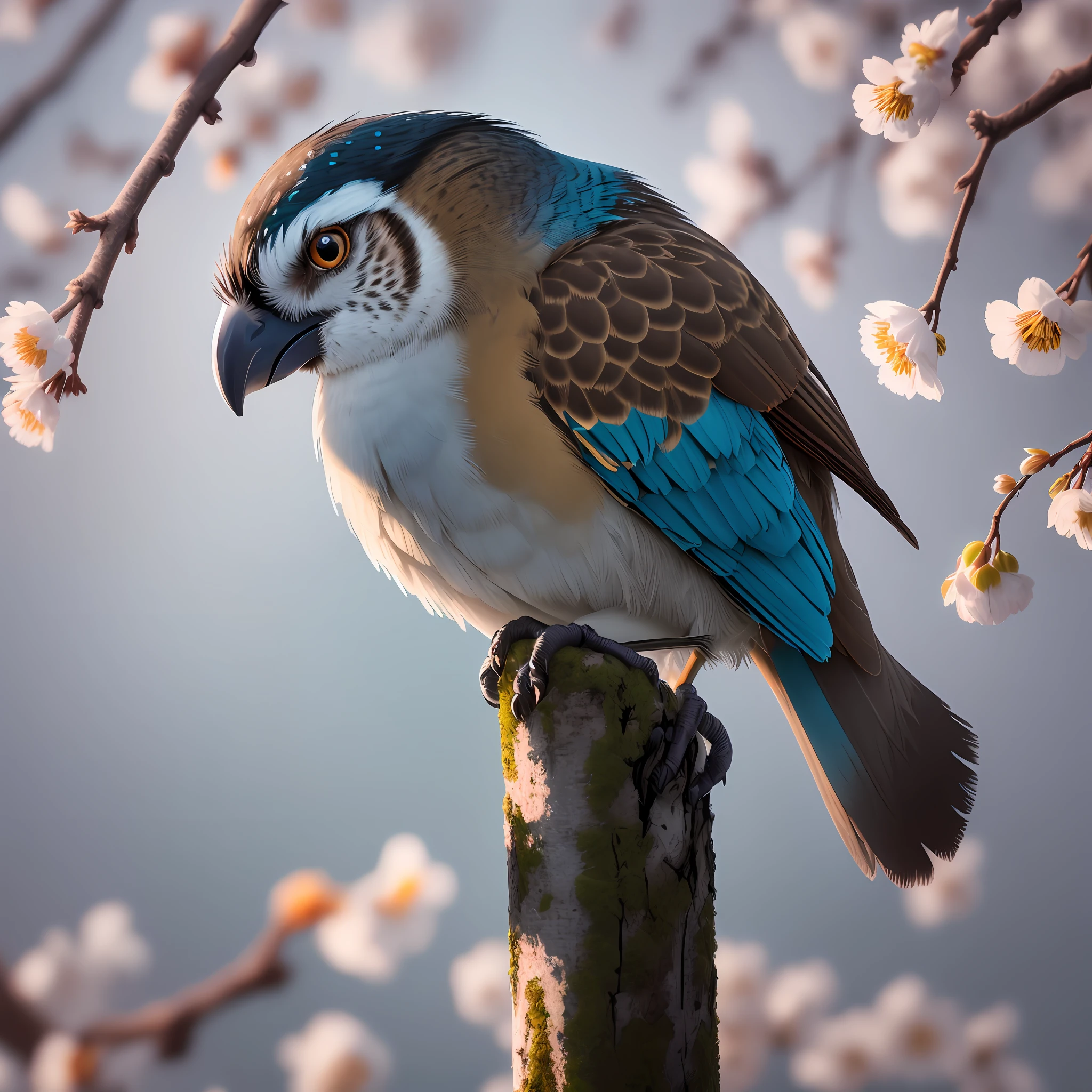 A superb white-eared thrush, turquoise blue feathers, dull yellow belly feathers, white cherry blossoms on branches close to budding, dark, dawn, (cold morning: 1.1), (morning dew: 1.15), realistic photography, (low-key photo: 1.2), detail, 8k, intricate folded feathers, water droplets on feathers, (to8contrast style), (mist: 0.7), bright colors, Sony a6600 mirrorless Camera, embellish2 --v 6
