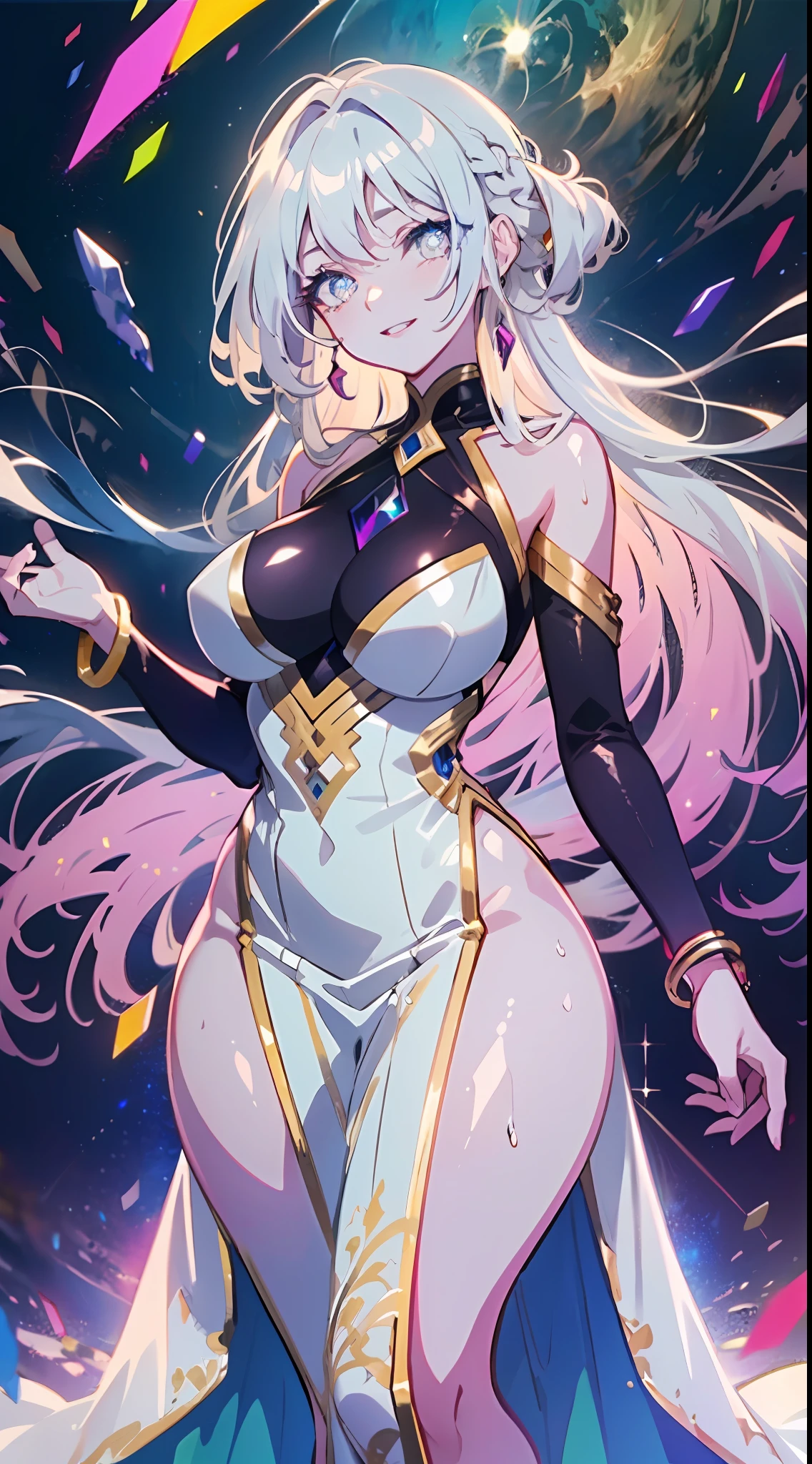 (simple hands:0.5)+(detailed hands:0.7), (masterwork), (best quality), white hair, red eyes, 1girl, ((pale skin)), ((two tone hair)), eyelashes, bracelet, jewelry, smile, gleaming skin, shiny hair, Fantasy, ((Long Hair)), 1 girl, two-tone hair, night sky, ((Incredibly detailed CG illustration masterpiece)), looking at you, anime, beautiful anime eyes, beautiful detailed eyes, eyes, ((glittering eyes)), galaxy, nebula, (full body), (curvy), POV, wet neckline, (thick thighs), 4k hd, ultra realistic, perfect body, perfect lips, perfect nose, perfect eyes, looking at the viewer, dress, ((elegant dress)), Soft Dress, Long dress, ((Neon)), ((Neon Lights)), Bright Colors