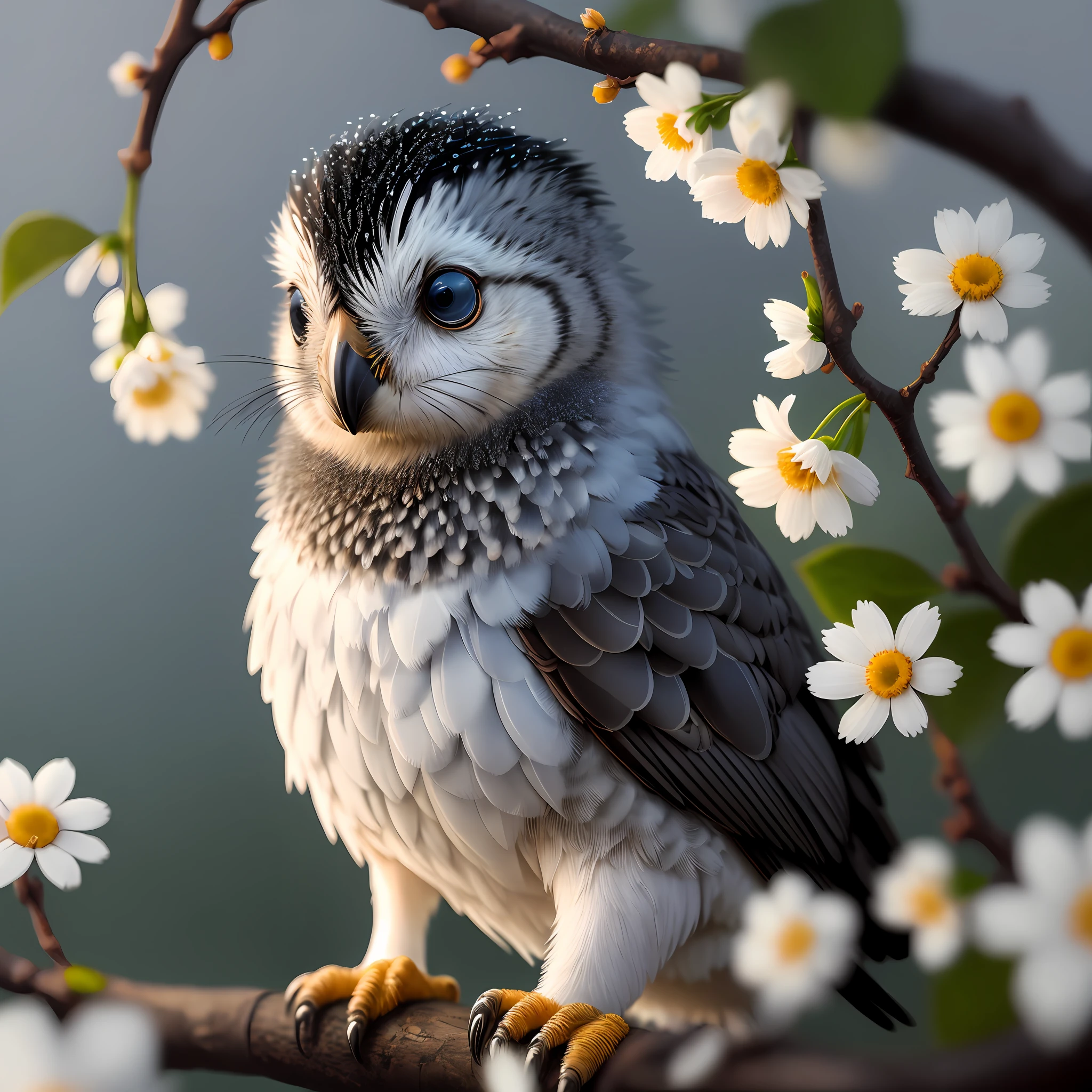 A superb Taiwanese daisy bird on a branch near a budding white cherry blossom, dark, dawn, (cold morning: 1.1), (morning dew: 1.15), realistic photography, (low-key photo: 1.2), detail, 8k, intricate folded feathers, water droplets on feathers, (to8contrast style), (mist: 0.7), bright colors, Sony a6600 Mirrorless Camera, embellish2 --v 6