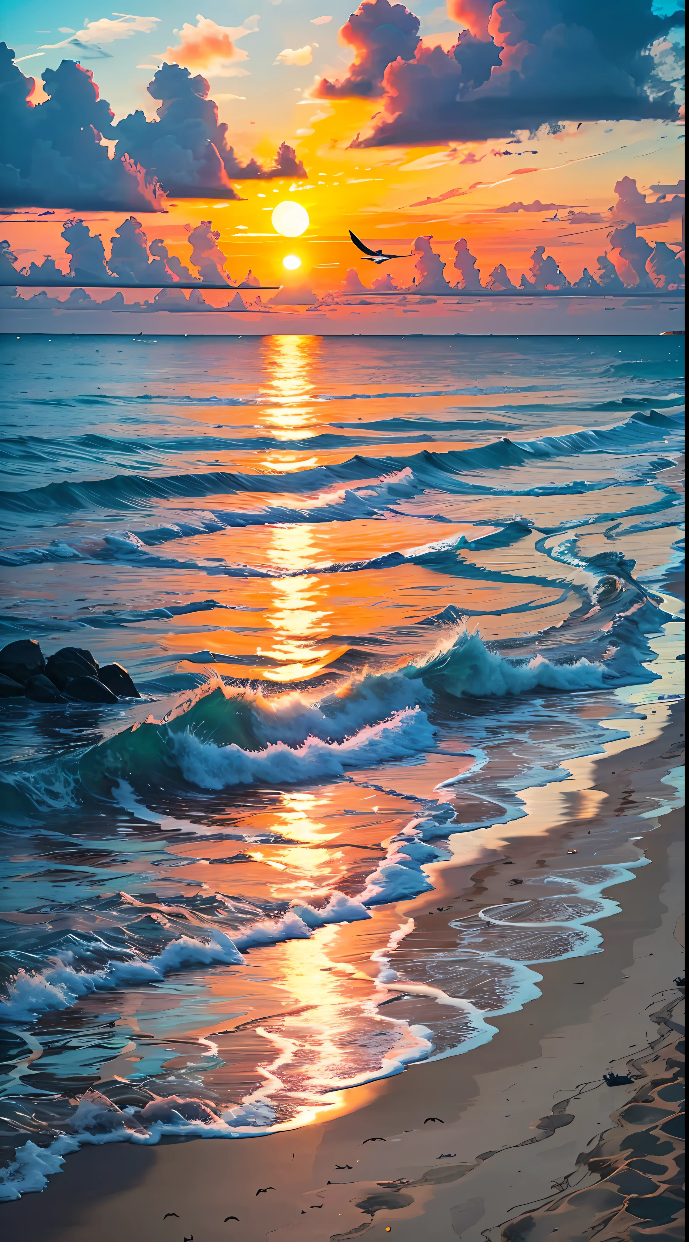 Absolutely mesmerizing sunset on the beach with a mix of oranges, pinks and yellows in the sky. The water is crystal clear, gently kissing the shore, and the white sand is endless. The scenes are action-packed and breathtaking, with seagulls soaring high in the sky and palm trees swaying gently. Immerse yourself in the calm atmosphere and let the serenity surround you.