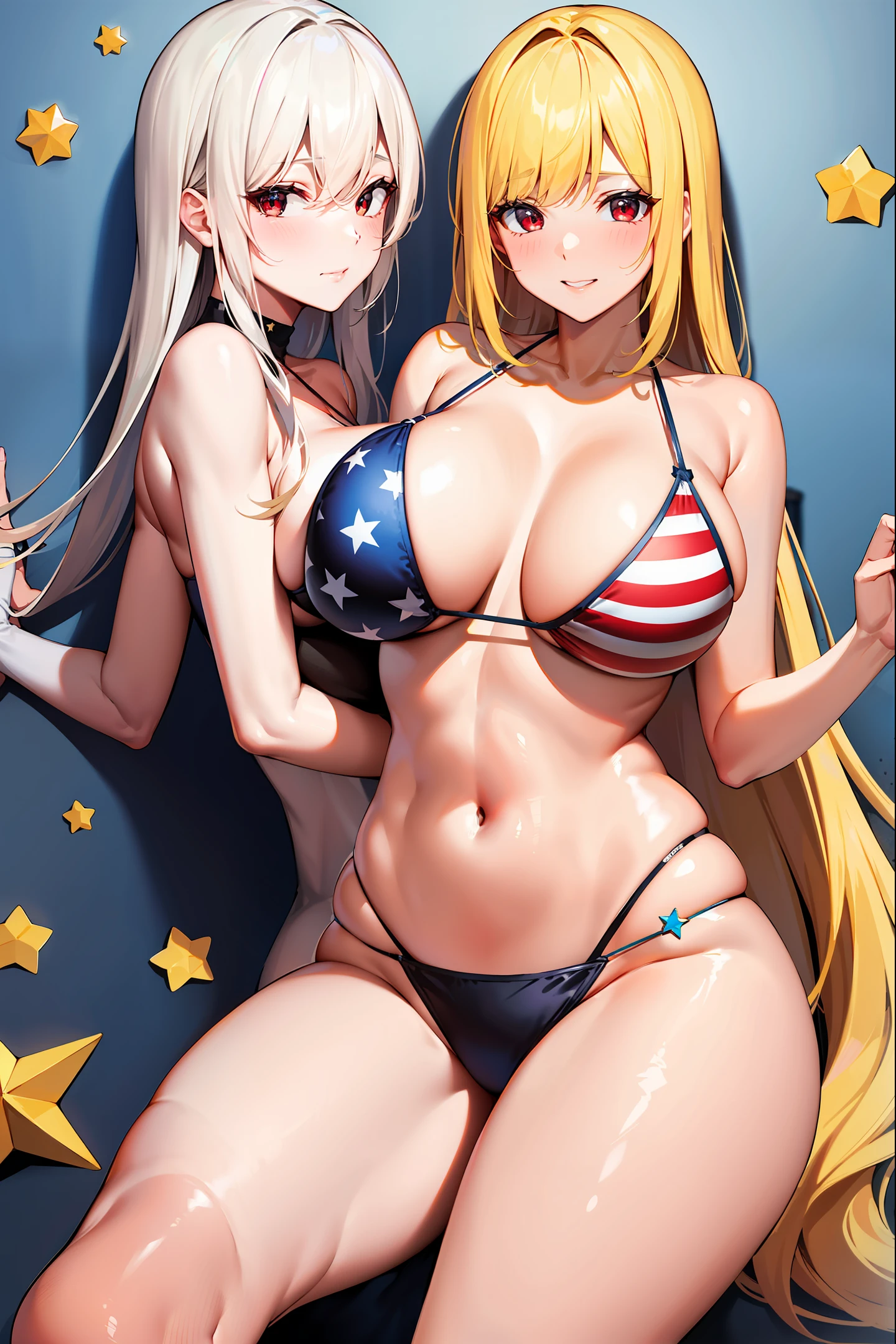 Stars and Stripes bikini, thick thighs, girls only, red eyes, blonde, long hair