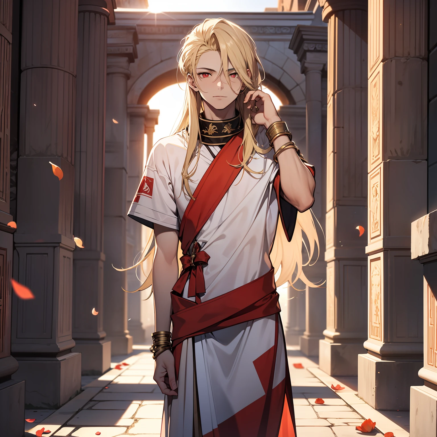 18 year old boy, long blonde hair, red eyes, wearing white toga, wearing metal bracelets, in an ancient Greek palace, white marble, red flags around, beige petals spread, 4K, looking at the viewer, sunset