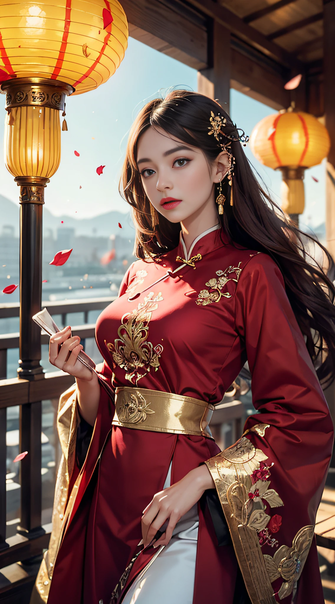 best quality, masterpiece, highres, (exquisite body:1.5),gorgeous face,(milky skin:1.3),intricate details,high resolution,wallpaper,
1girl, solo, dress, hair ornament, (((gold and red dress))), flowers, long hair, brown hair, closed mouth, jewelry, long sleeves, hand up, wide sleeves, big eyes,floating hair, chinese clothes, hanfu, embroidery, long skirt, natural pose, falling petals, indoor,fanning, lantern,
16K,HDR,highres,depth field,(film grain:1.1),boken,golden hour,(lens flare),vignette,rainbowing,(color grading:1.5)