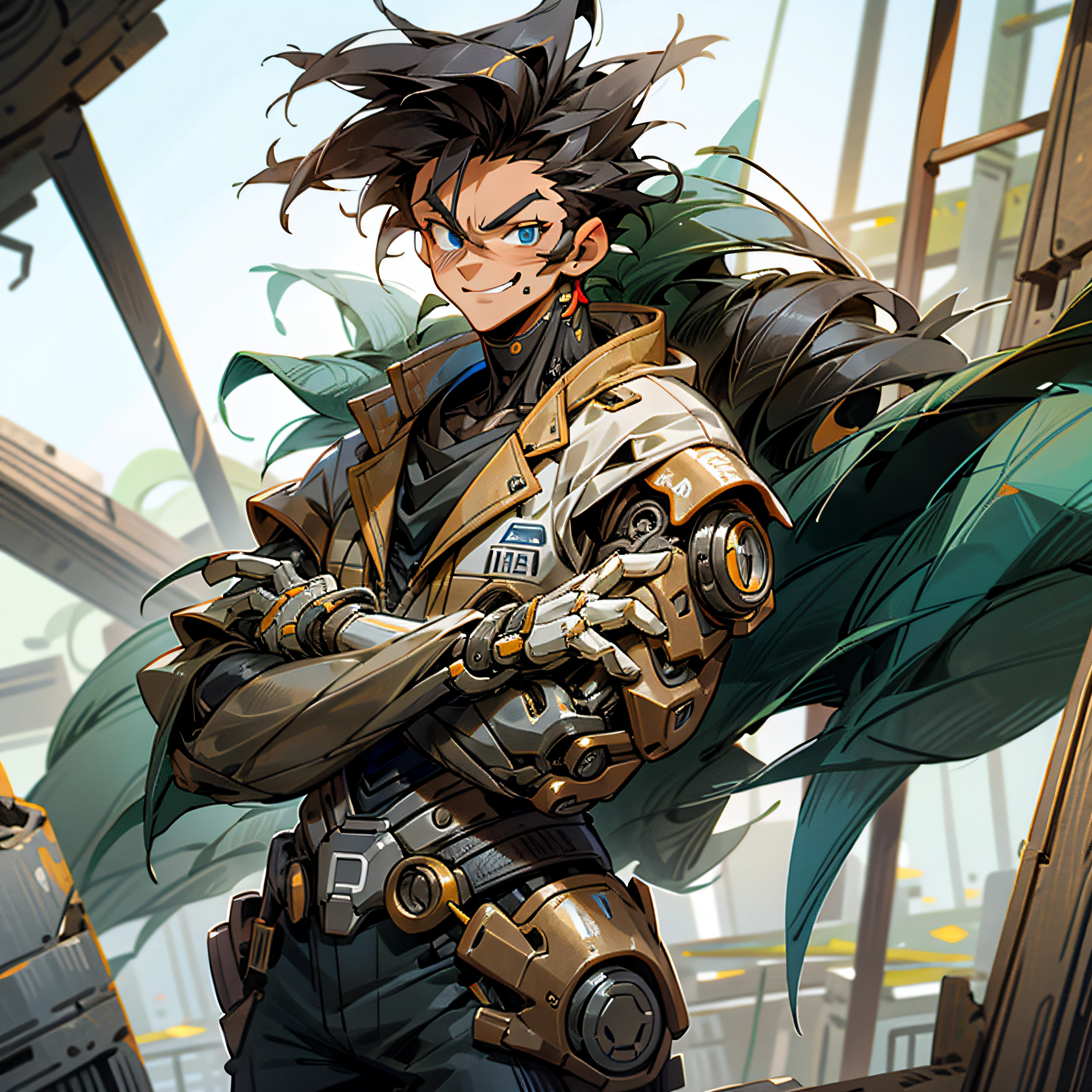 (masterpiece, best quality: 1.2), cowboy shooting, strong, muscular, solo, male approach, 1boy, vegetto, smile, looking at the viewer, crossed arms, black hair, spiked hair, blue eyes, dougi, white gloves, pectorals, desert background, levitating stones. Dark_Fantasy, Cyberpunk,, 1man, mechanical wonder, robotic presence, cybernetic guardian,