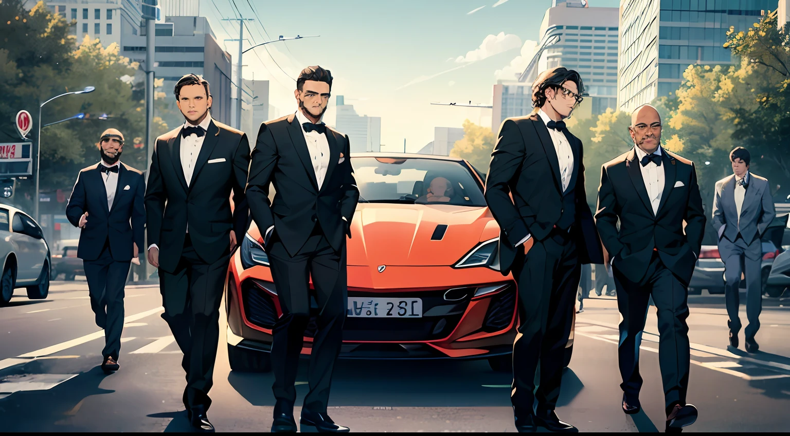 Masterpiece, of the best quality, 6 men, in suits, all kinds of sports cars behind him, roadside