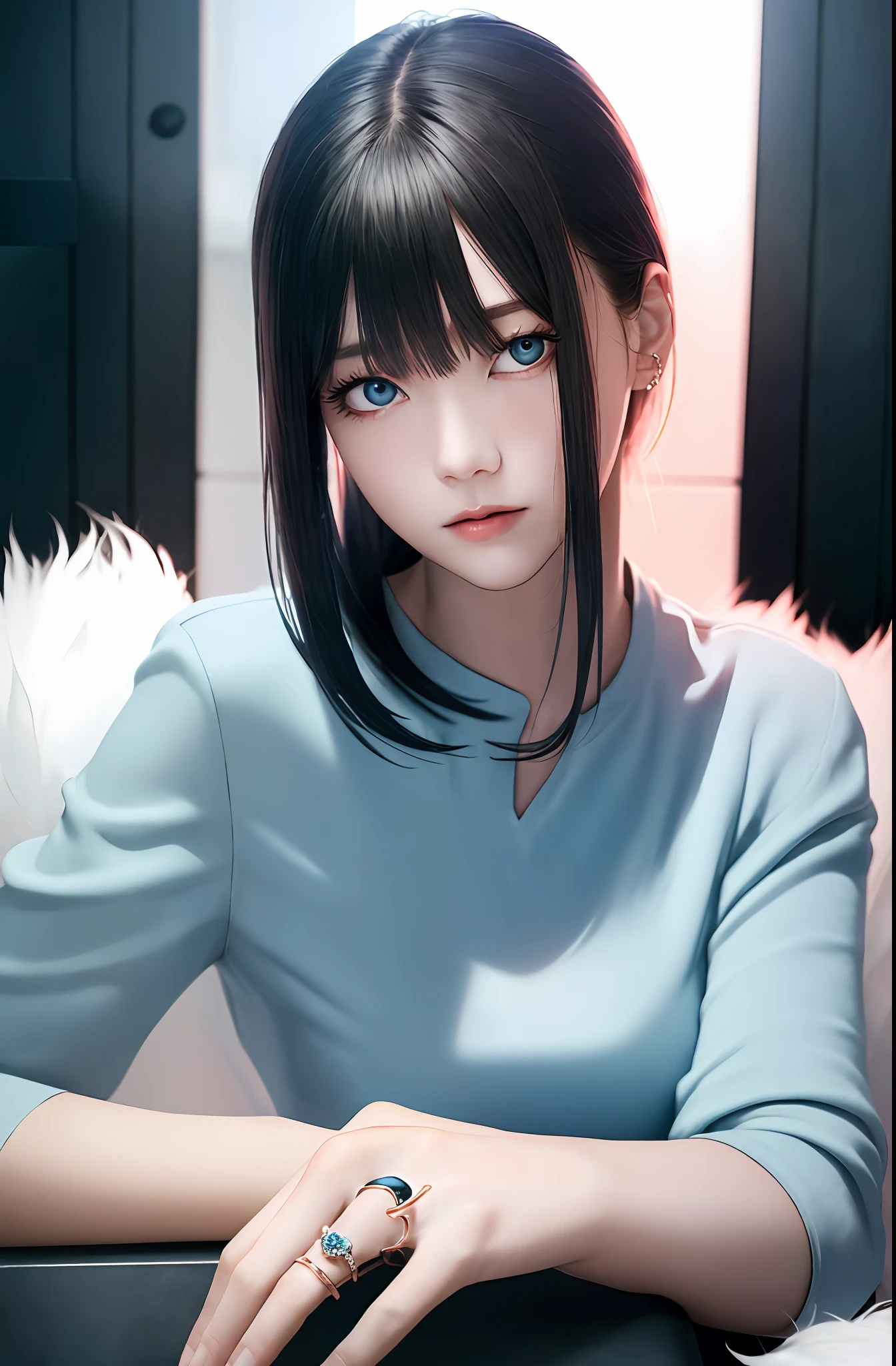Masterpiece, (Photorealistic: 1.4), Top Quality, Beautiful Lighting, (ulzzang-6500:0.5), Makima \(Chainsaw Man\), (Bob Hair) + (Black Hair) + (Bangs), Blue Eyes, Blue Eyes, (((Ring Eyes)), (Pink Shirt), (Fluffy), RAW Photography, 8k UHD, Film Grain