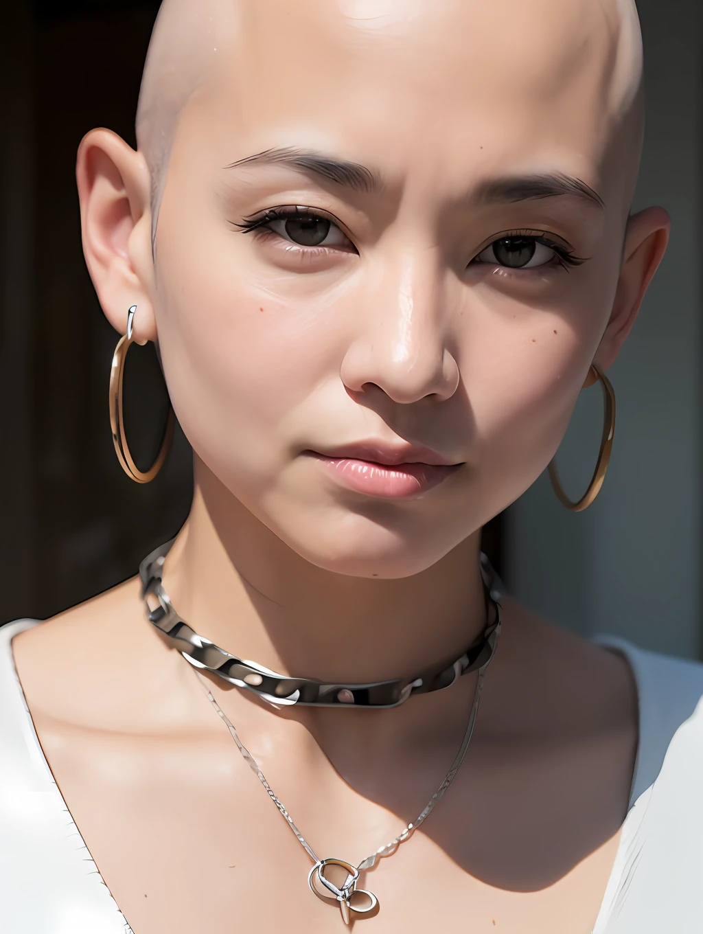 ((Hairstyle is shaved head, skinhead)), (Japan female), age 55, 8K, photorealistic, photorealism, portrait, 85mm lens, depth of field, skin luster is delicate, eyes are brown, eyes are drooping, eyes are slightly apart, lips are plump, chubby, (Kyoko Fukada), black corset, prison, prison, Earlobe and nose connected by a chain, dog collar