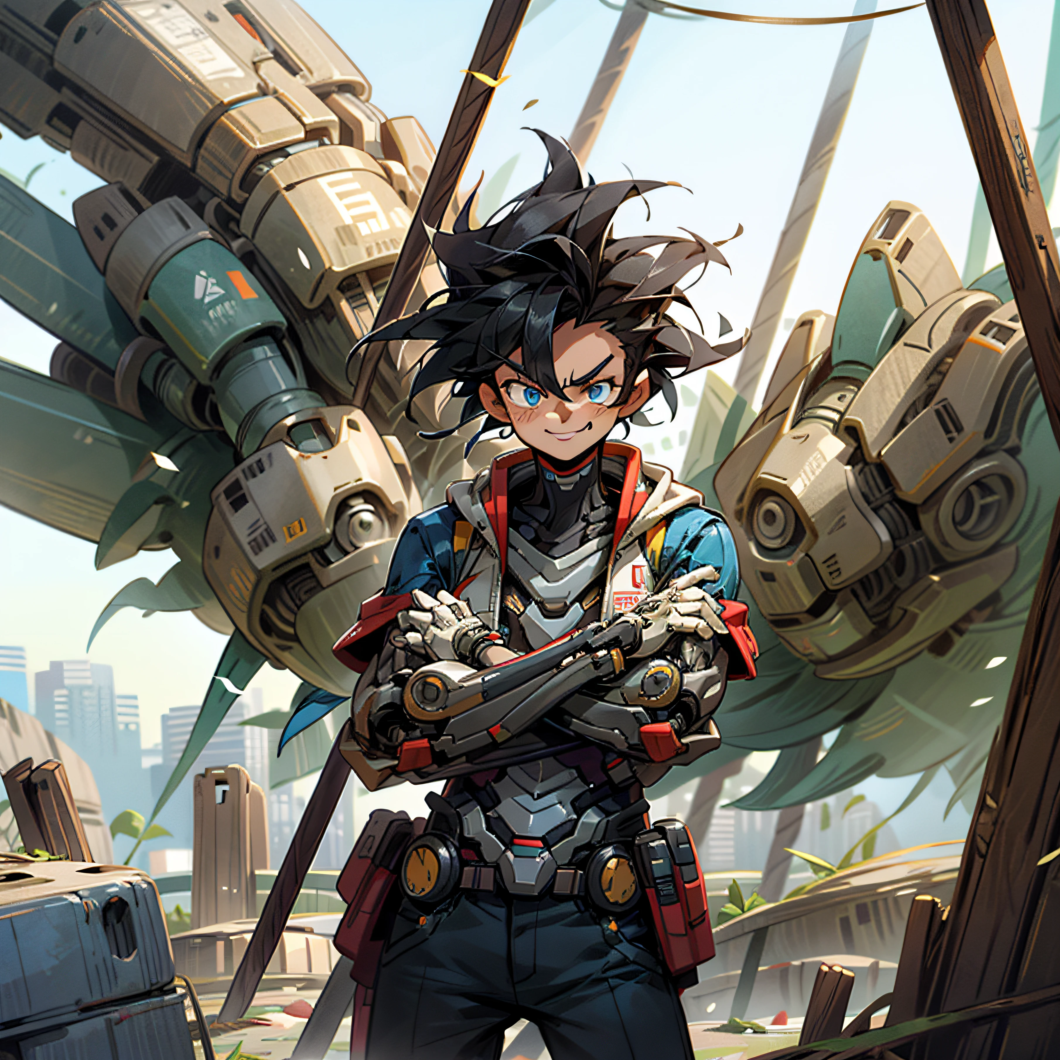 (masterpiece, best quality: 1.2), cowboy shooting, strong, muscular, solo, male approach, 1boy, vegetto, smile, looking at the viewer, crossed arms, black hair, spiked hair, blue eyes, dougi, white gloves, pectorals, desert background, levitating stones. Dark_Fantasy, Cyberpunk,, 1man, mechanical wonder, robotic presence, cybernetic guardian,