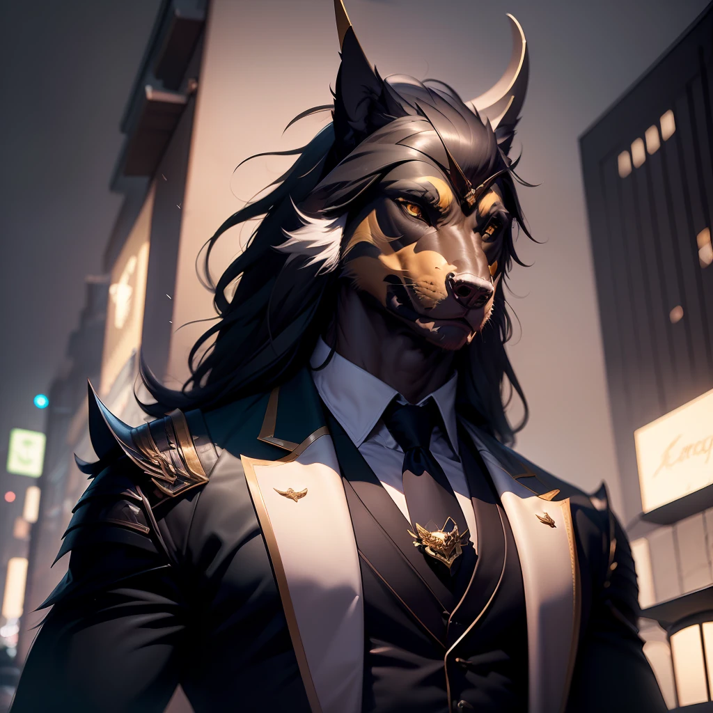 dogy.1 male, solo, adult, mature, tall muscular guy, broad shoulders, handsome, very short hair, black hair, brown eyes, angular jaw, thick neck, thick eyebrows, night, dark, the night view of the city background, formal suit, necktie, upper body