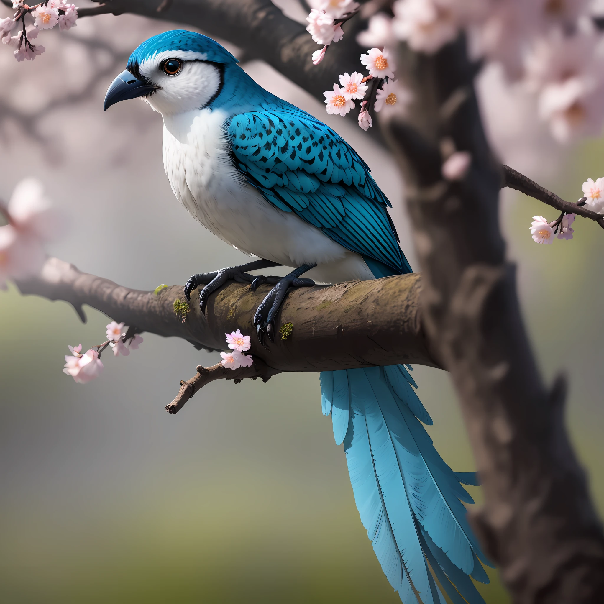 A superb blue-backed bird approaching budding white cherry blossoms on a branch, dark, dawn, (cold morning: 1.1), (morning dew: 1.15), realistic photography, (low-key photo: 1.2), detail, 8k, intricate folded feathers, water droplets on feathers, (to8contrast style), (mist: 0.7), bright colors, Sony a6600 Mirrorless Camera, embellish2 --v 6