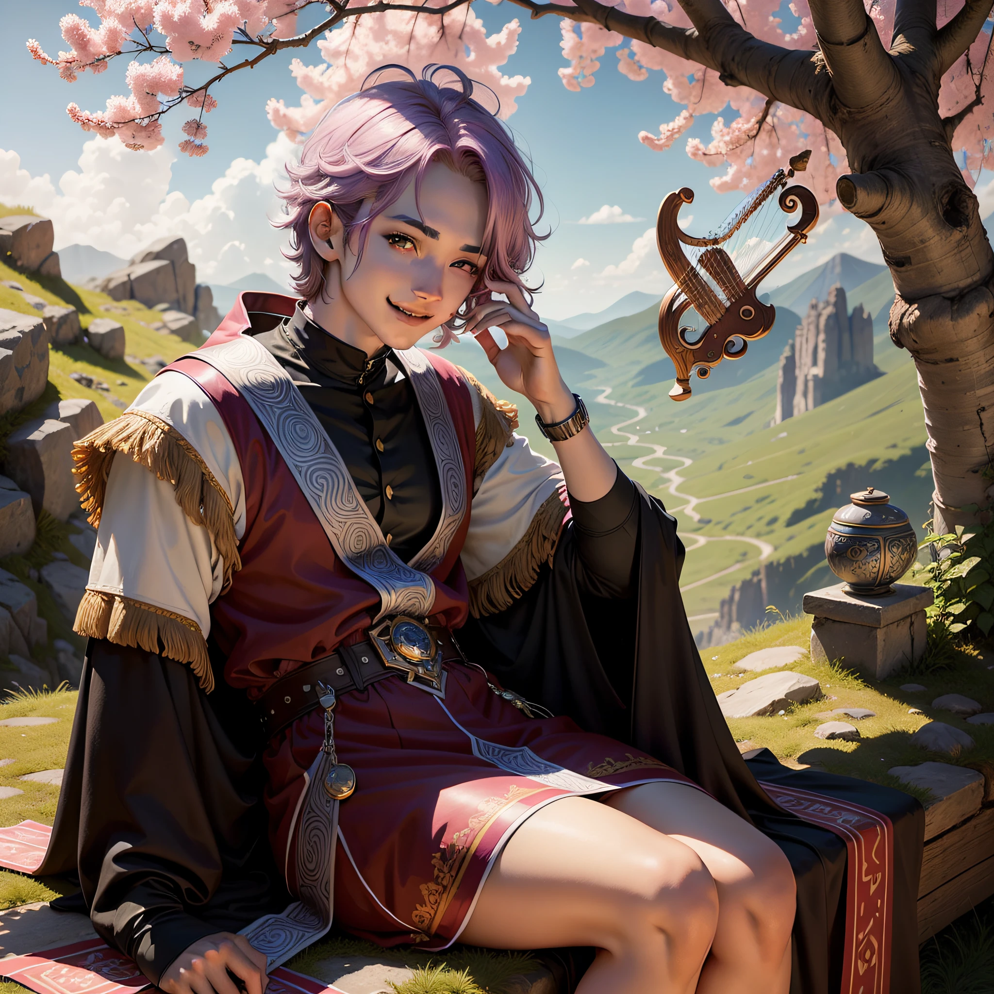 A bard, androgynous-looking, lilac-haired, half-genius, mystical-looking, a lyre harp by his side, sitting under the shade of a tree, pink-leaved, on top of a mountain., light smile, drunk, anime, high quality, award winning, slightly blue skin, --auto