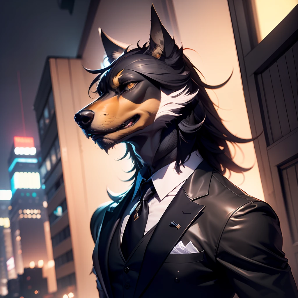 dogy.1 male, solo, adult, mature, tall muscular guy, broad shoulders, handsome, very short hair, black hair, brown eyes, angular jaw, thick neck, thick eyebrows, night, dark, the night view of the city background, formal suit, necktie, upper body