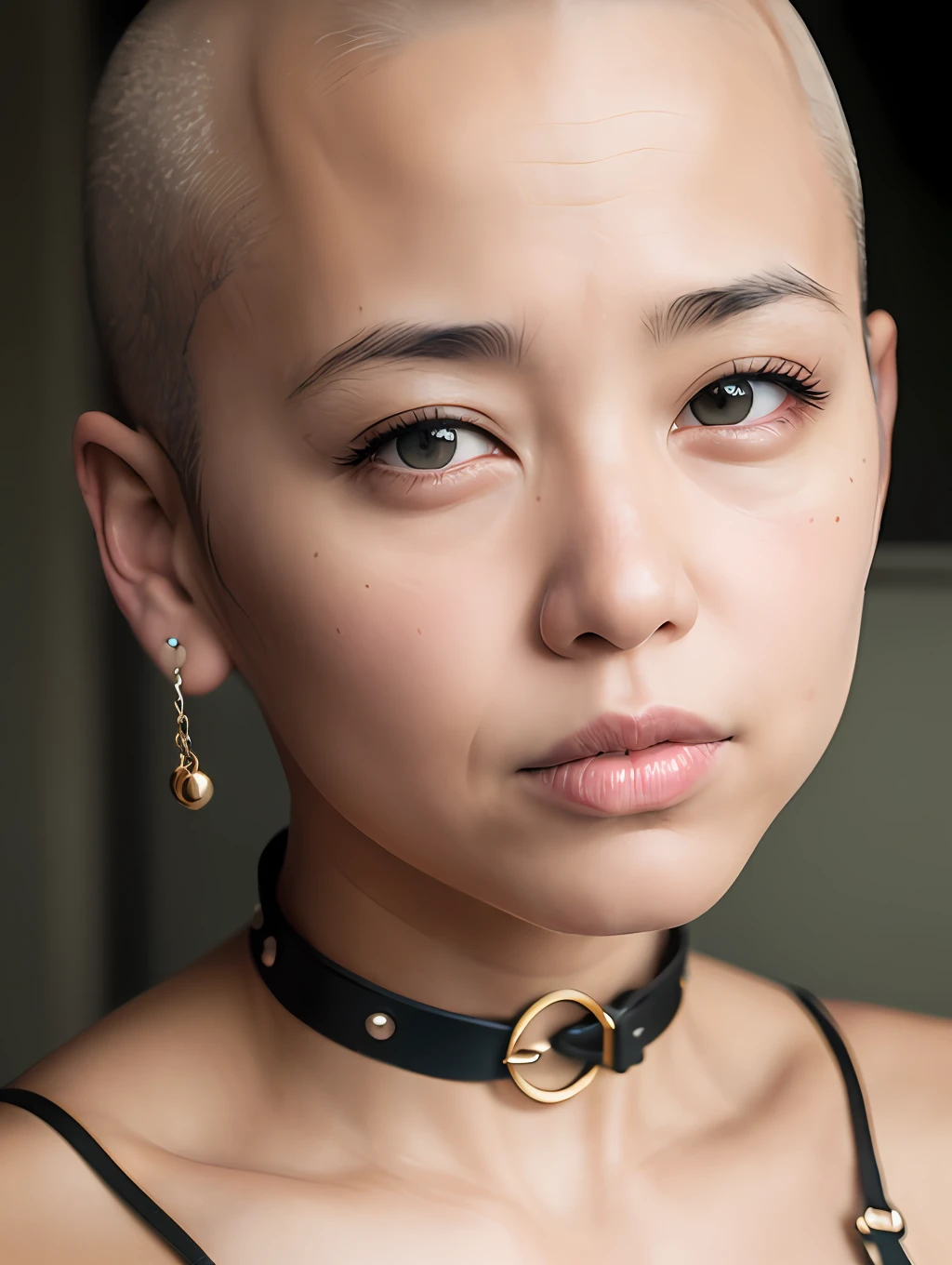 ((Hairstyle is shaved head, skinhead)), (Japan female), age 55, 8K, photorealistic, photorealism, portrait, 85mm lens, depth of field, skin luster is delicate, eyes are brown, eyes are drooping, eyes are slightly apart, lips are plump, chubby, (Kyoko Fukada), black corset, prison, prison, Earlobe and nose connected by a chain, dog collar