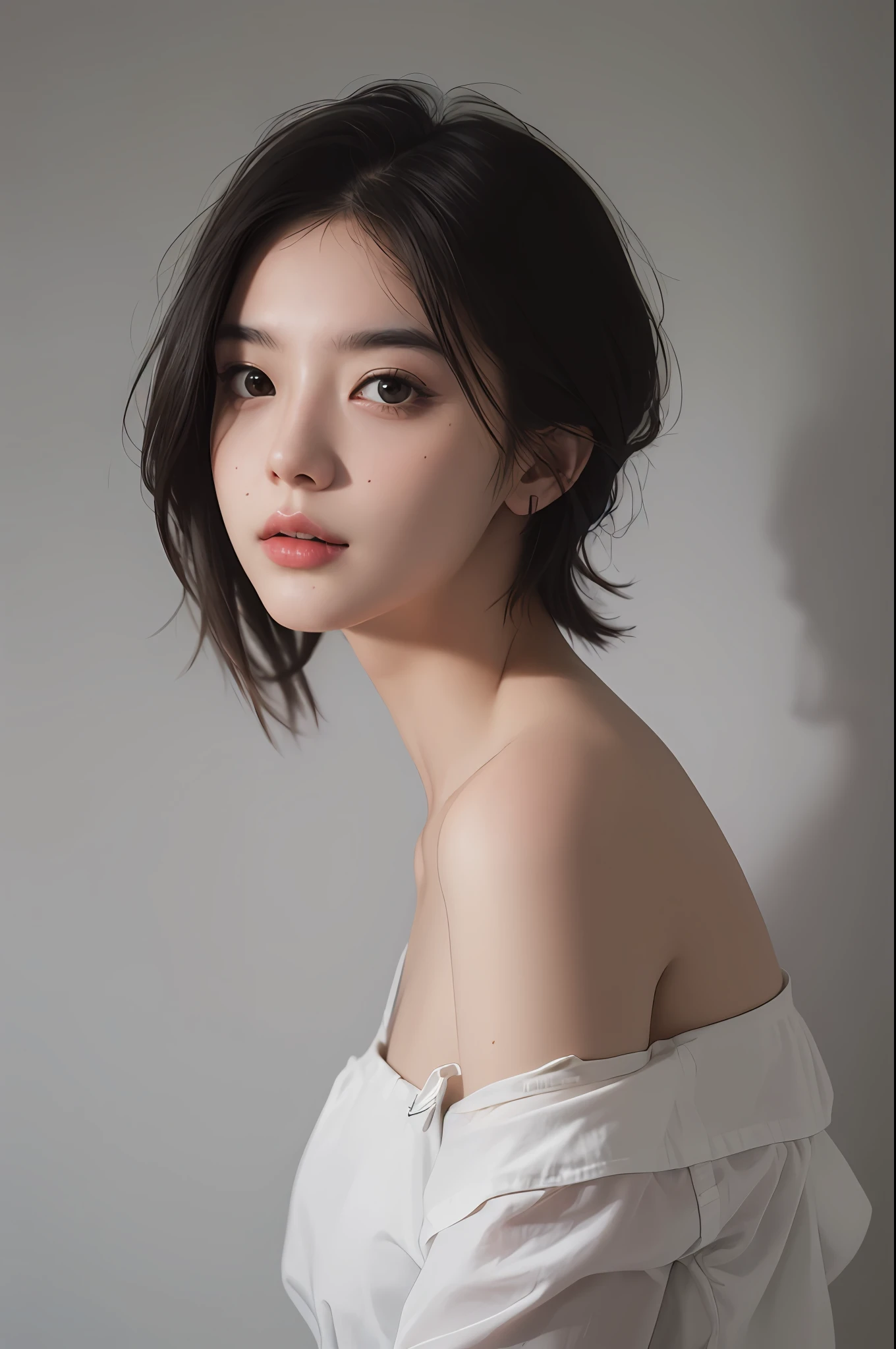 Best quality, masterpiece, ultra high res, (photorealistic:1.5), raw photo, 1girl, offshoulder, in the dark, deep shadow, low key, cold light, sexy look, short hair