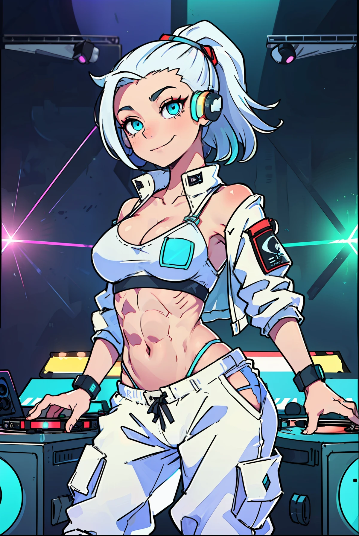 (tomboy woman DJing on turntables on stage at EDM festival:1.3), EDM event lighting effects, on stage in front of crowd, giant futuristic screens in background, neon room, (white cropped jacket:1.1), (vivid glowing blue eyes:1.2), (white hair:1.2), (cyan streaks in hair:1.2), high ponytail, (cocky smirk:1.2), (abs:1.2), rave lights, (lasers in background:1.2), glowing light strips on clothes, slim build, looking at viewer, giant speakers in background, beautiful glossy reflective detailed eyes, (high leg panties:1.2), (white cargo pants:1.3), (thin straps over hip bones:1.3), (hip straps:1.3), (side shave:1.3), (undercut:1.2), defined hip bones, cleavage, lean