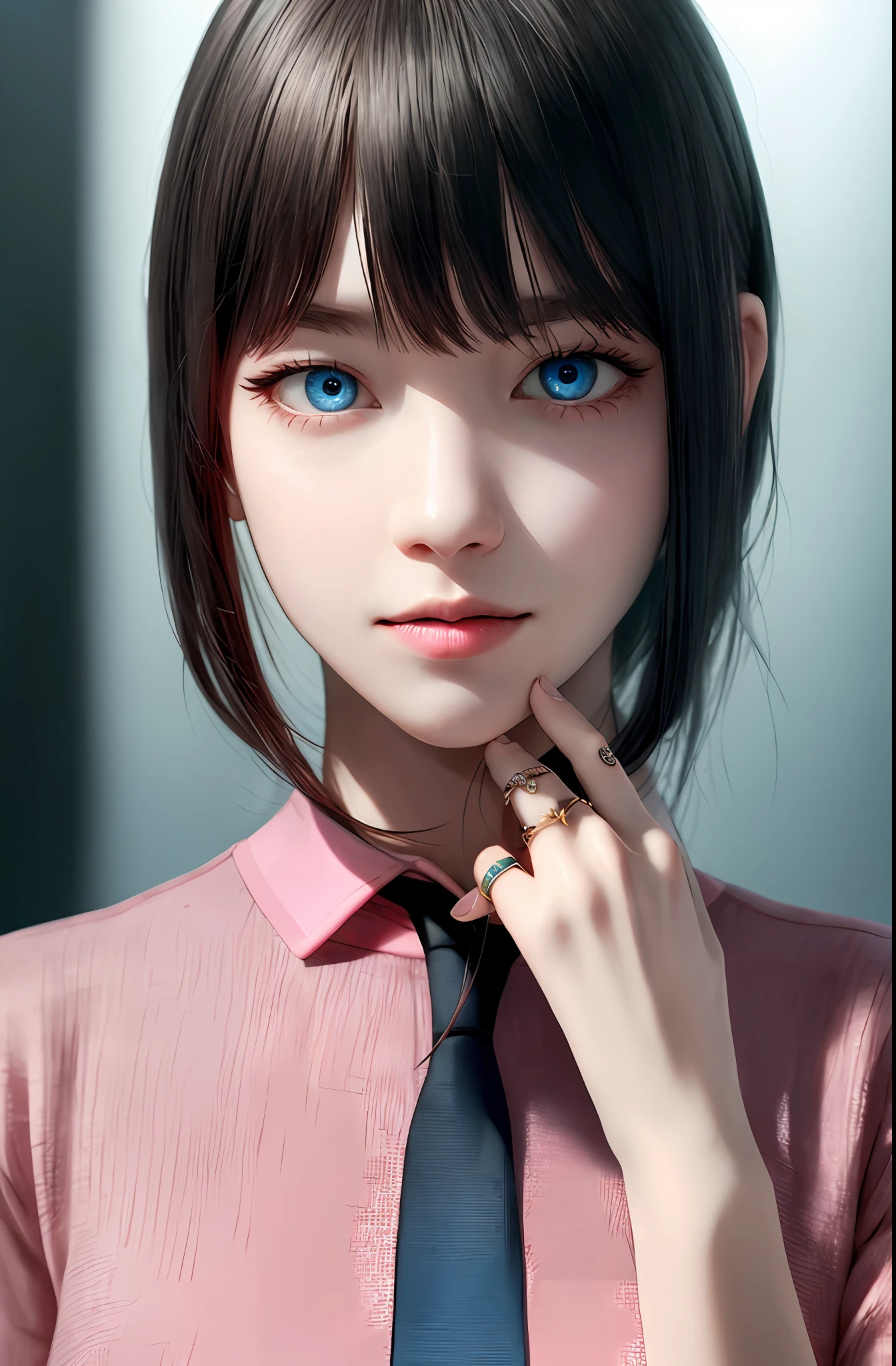 Masterpiece, (Photorealistic: 1.4), Best Quality, Beautiful Lighting, (ulzzang-6500:0.5), Makima \(Chainsaw Man\), (Bob Hair) + (Black Hair) + (Bangs), Blue Eyes, Blue Eyes, (((Ring-shaped Eyes)), (Pink Shirt), (Tie), RAW Photography, 8k UHD, Film Grain