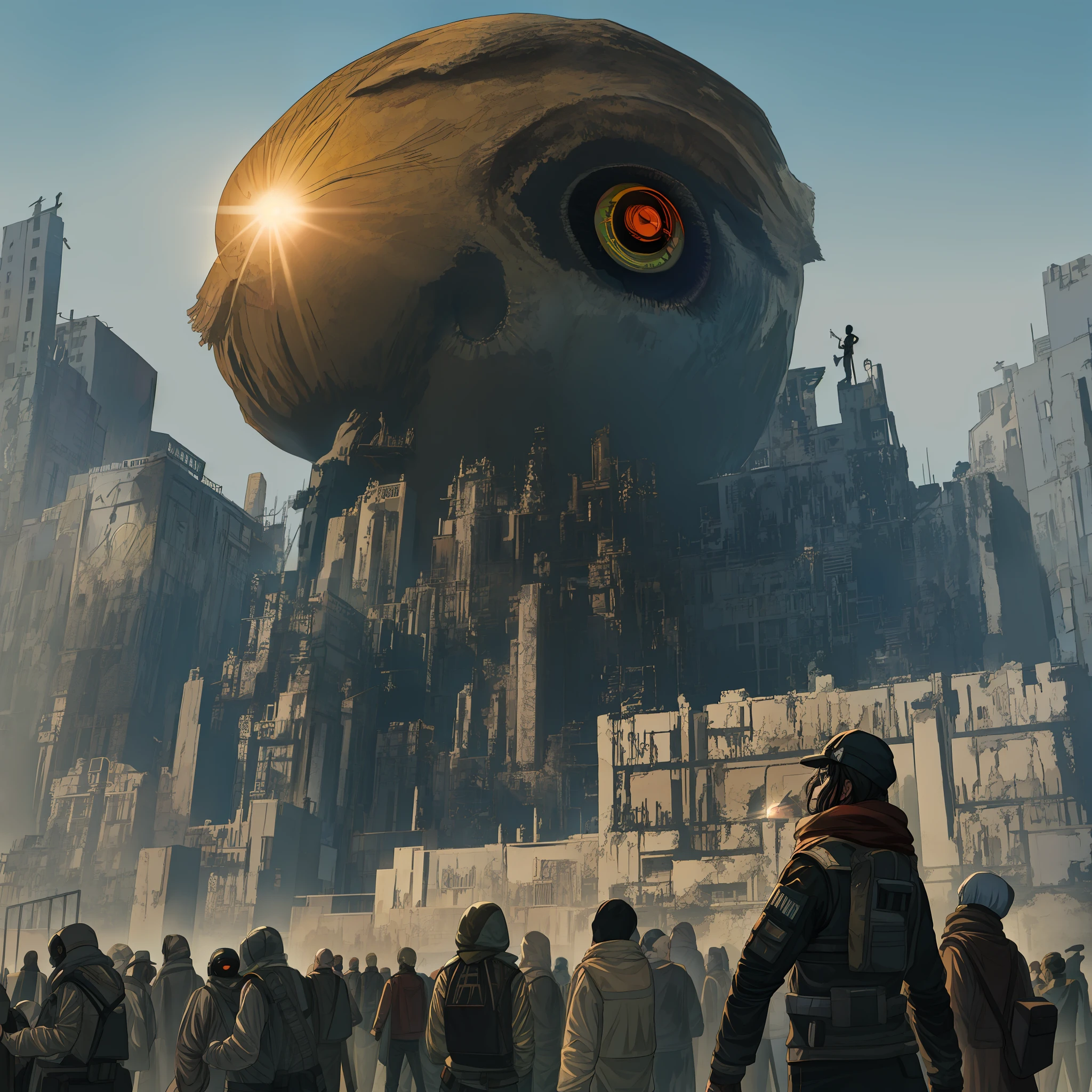 Auta quality, realistic, detailed, a crowd of people with gagged mouths, they have no face, the scenery and dystopian, in the sky a kind of human eye takes the place of the sun