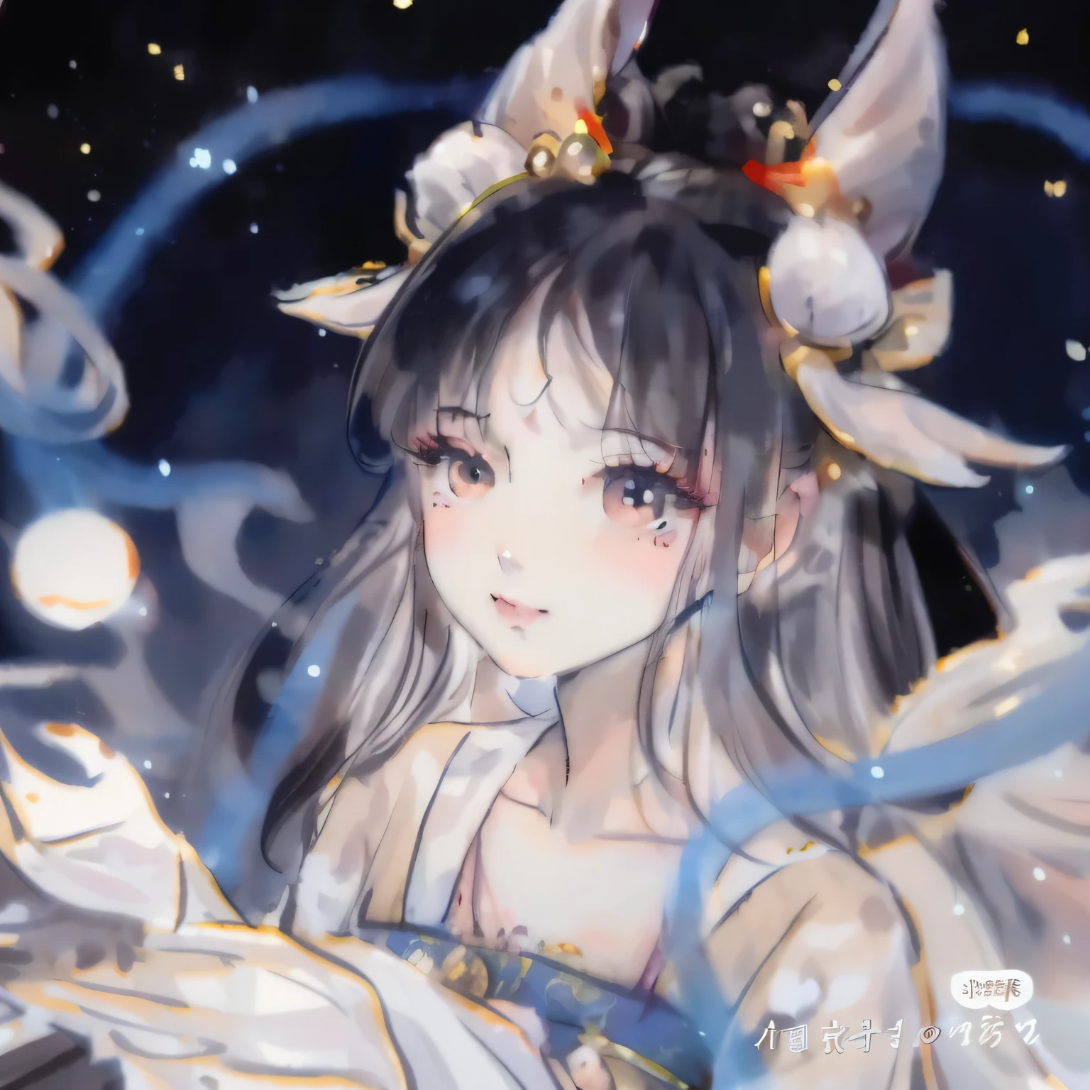 watercolor of girl, fairies, Asians, fair skin, smooth and delicate skin, holding an adorable rabbit, closing the mouth, staring, lipstick, thin lips, black hair, long hair, buns, bangs, Chinese clothes, blue ribbons, makeup, exposing collarbone, moon, Chang'e, Qixi Festival ,moon, shiny, chibi, cute, anime --auto