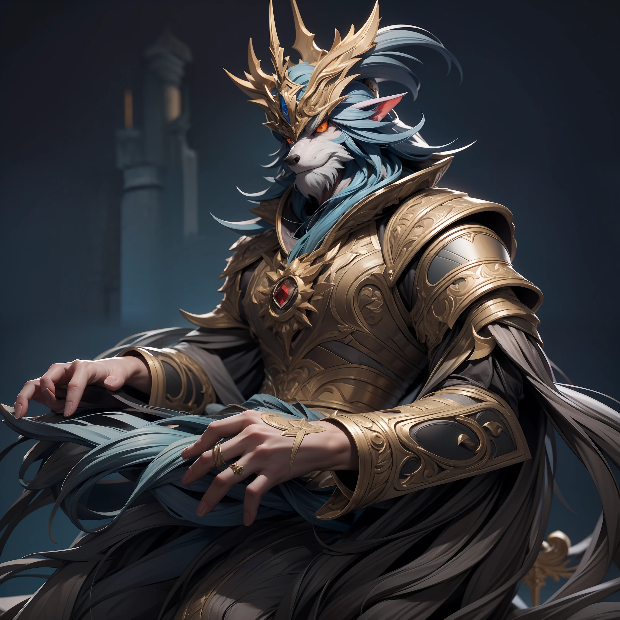 an old Werewolf king sitting on the throne in the heart of The City of Glas, throne is A very humid place full of puddles and leaks, regal, intimidating, ornate armor, regal crown, blurry_background, natural lighting, short twintails hair, looking_at_viewer, solo, highly detailed 8k