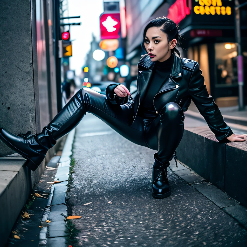 araffe woman in black leather jacket and black pants standing on sidewalk, wearing a black jacket, wearing a leather jacket, wearing leather jacket, wearing cyberpunk leather jacket, wearing a black leather jacket, wearing a fancy black jacket, leather clothes, wearing cyberpunk 2 0 7 7 jacket, posing in an urban street, leather clothing, dressed in leather jacket