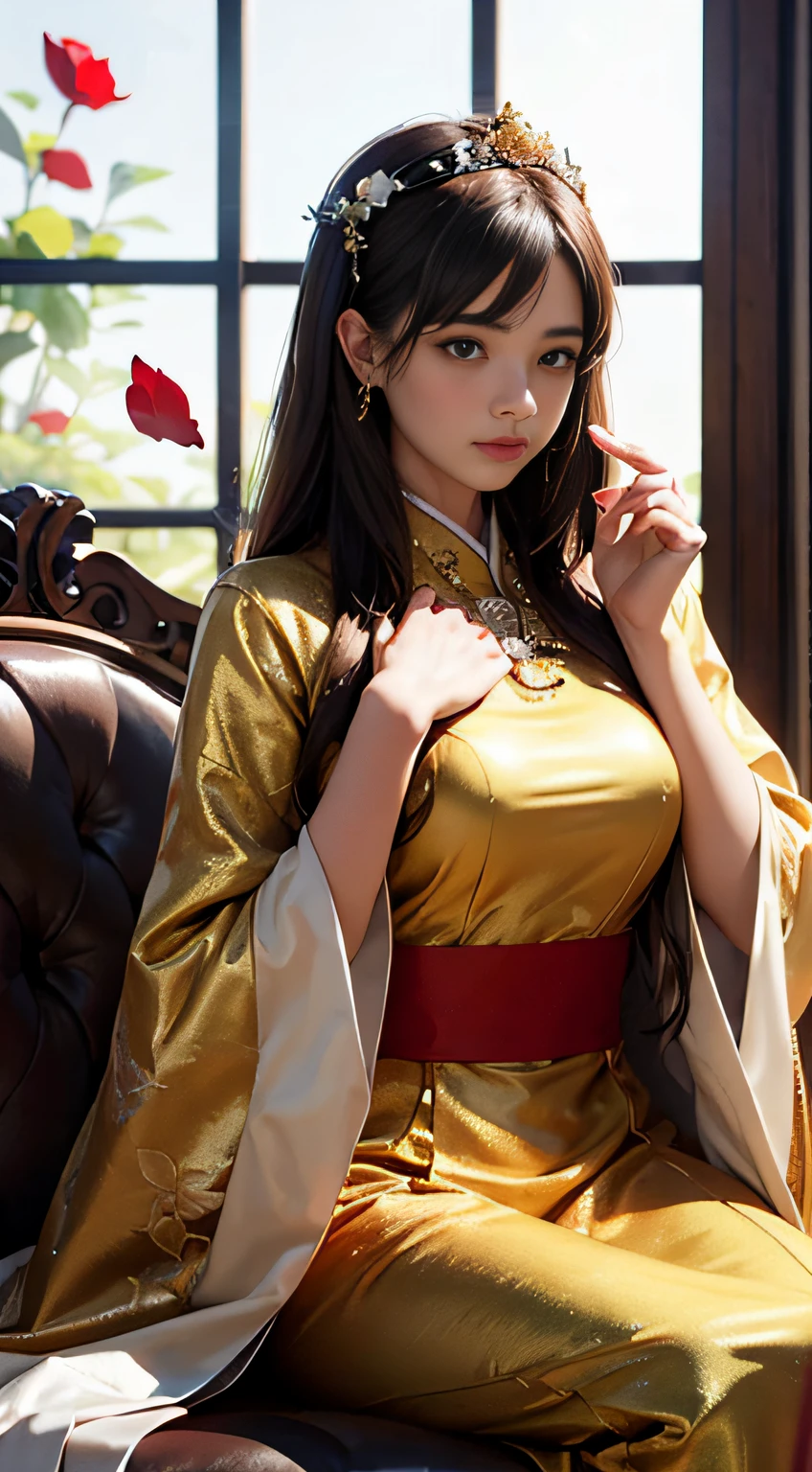 Superb Quality, Masterpiece, High Resolution, (Exquisite Body: 1.5), Delicate Facial Features, Stunning Beauty, (Milky Skin: 1.3), Exquisite Details, High Resolution, Wallpaper, 1 Female, Solo, Dress, Hair Accessories, (((Golden Red Dress)) ), Flower, Long Hair, Brown Hair, Shut Up, Accessories, Long Sleeves, Hands Up, Sit, Wide Sleeves, Big Eyes, Flowing Hair, Hanfu, Hanfu, Embroidery, Long Dress, Natural Pose, Falling Petals, Indoor, Fanning, Lantern, 16K, HDR, High Resolution, Depth of Field, (Film Grae: 1.1), Bocon, Primetime, (Lens Glow), Vignette, Rainbow, (Color Grading: 1.5)