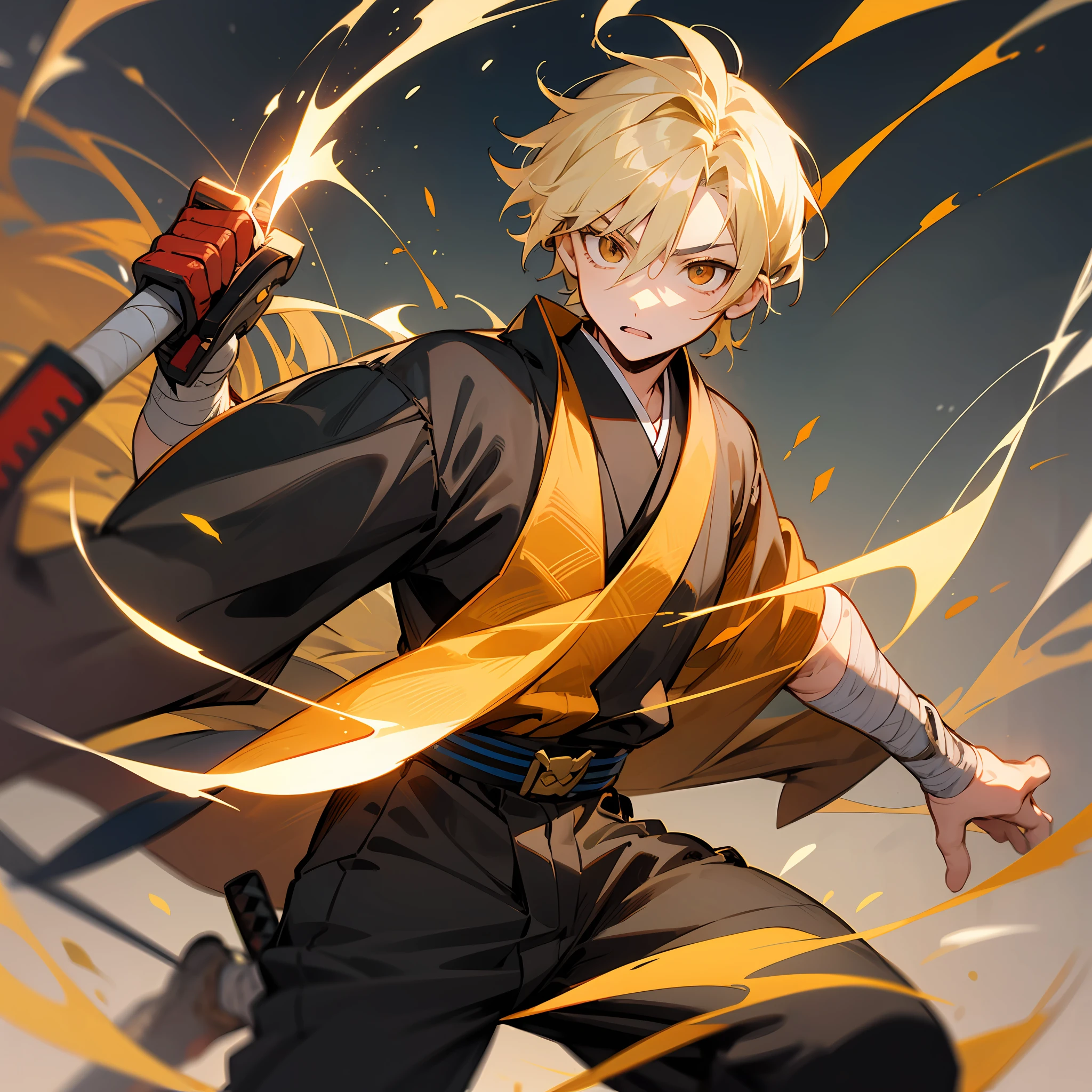 A boy, young, a samurai with short blond hair, golden hair, crimson eyes, a yellow and red yukata, wide black fighting pants, bandages, a katana, anime, 2d, manga, Japanese--Counterfeit-V3.0 --auto