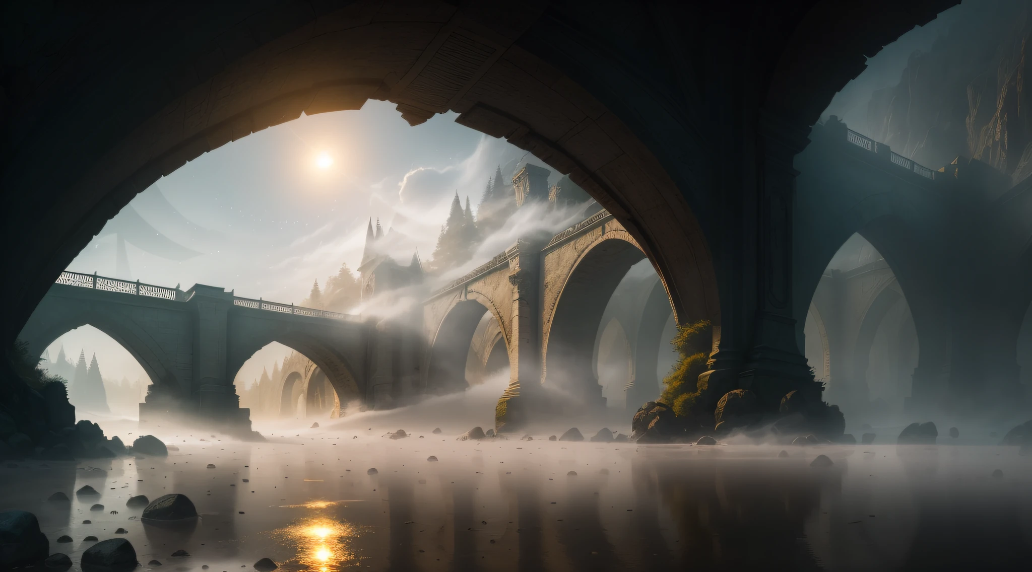 The Araffed Stone Bridge is over the river, There is fog and foggy sky, Mysterious fog light, Old Bridge, Golden fog, bashi, Hazy mood, Yellow fog, thin fog, thin fog, Soft light mist, Foggy at dawn, The winter mist surrounded her, Foggy weather, Dark and foggy mornings, hazy atmosphere, mystical setting, thick fog, Early morning, Surrealism, American propaganda poster, high detail, Surrealism, rococo style, high detail, chiaroscuro, cinematic lighting, sparkle, Fujicolor, textured skin, highres, best quality, 8k, UHD, retina, masterpiece, ccurate, anatomically correct, super detail, high details, high quality, award winning, best quality, highres, 8k --auto