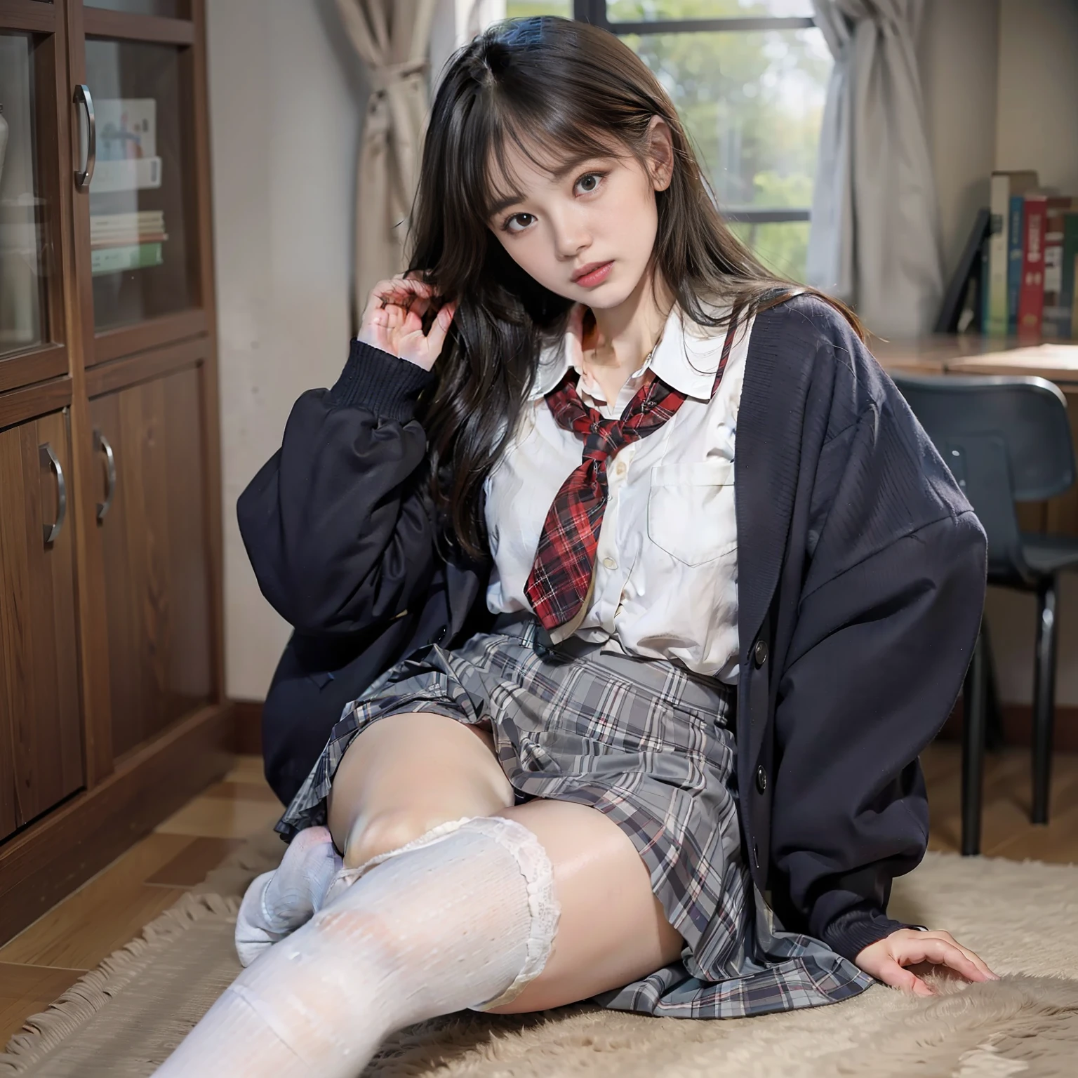 (8k, best quality, masterpiece: 1.2), (realistic, photo realistic: 1.37) There is a woman sitting on a carpet wearing stockings, a surreal schoolgirl, cute schoolgirl, surreal schoolgirl, wearing skirt and high socks, schoolgirl posing, exposing, full length and white stockings, wearing Japanese school uniform, thighs and skirt, Japanese schoolgirl uniform, beautiful face arms and legs, dressed as a schoolgirl, full body, small breasts, beautiful and delicate eyes (long hair: 1.2)