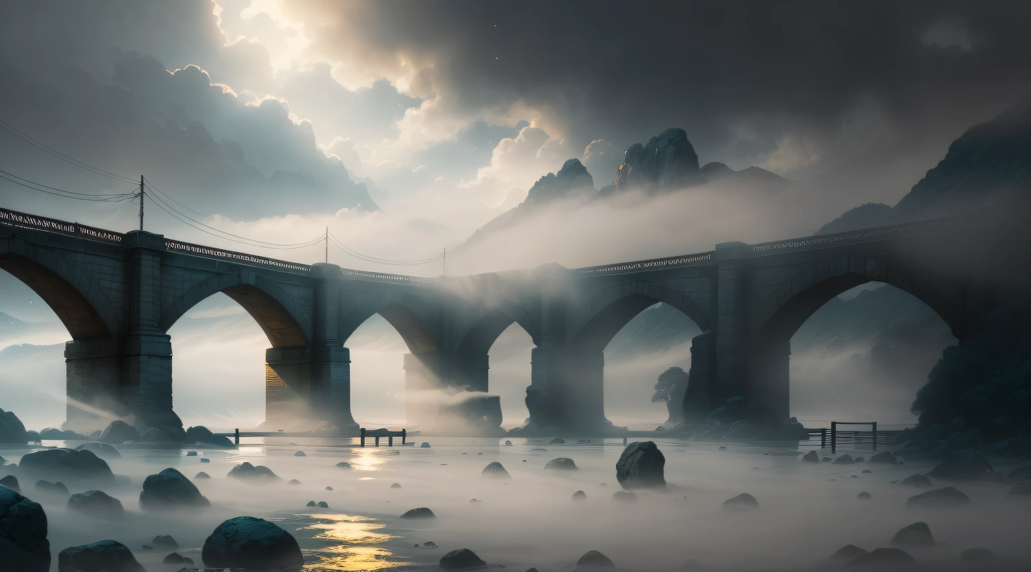 The Araffed Stone Bridge is over the river, There is fog and foggy sky, Mysterious fog light, Old Bridge, Golden fog, bashi, Hazy mood, Yellow fog, thin fog, thin fog, Soft light mist, Foggy at dawn, The winter mist surrounded her, Foggy weather, Dark and foggy mornings, hazy atmosphere, mystical setting, thick fog, Early morning, Surrealism, American propaganda poster, high detail, Surrealism, rococo style, high detail, chiaroscuro, cinematic lighting, sparkle, Fujicolor, textured skin, highres, best quality, 8k, UHD, retina, masterpiece, ccurate, anatomically correct, super detail, high details, high quality, award winning, best quality, highres, 8k --auto