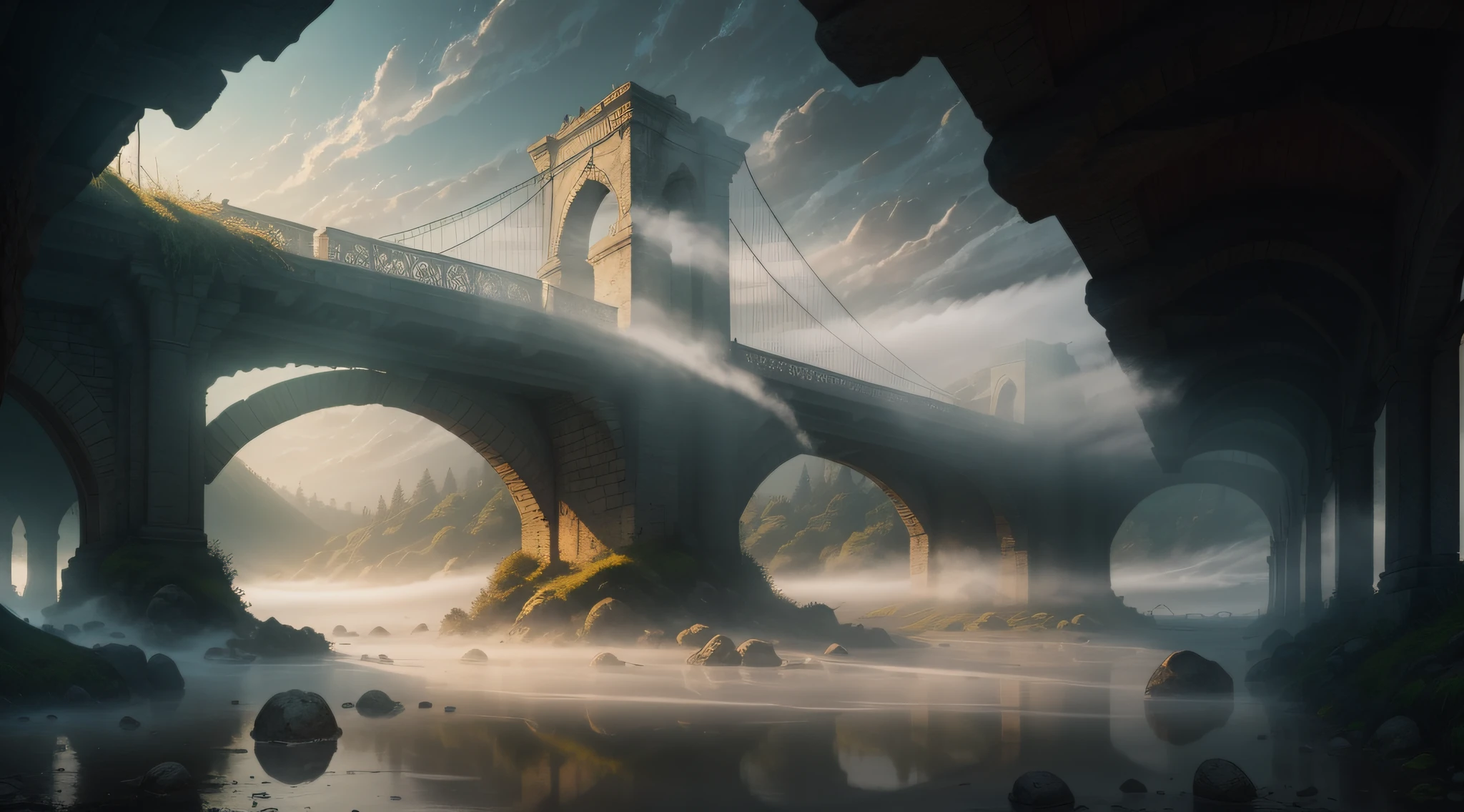 The Araffed Stone Bridge is over the river, There is fog and foggy sky, Mysterious fog light, Old Bridge, Golden fog, bashi, Hazy mood, Yellow fog, thin fog, thin fog, Soft light mist, Foggy at dawn, The winter mist surrounded her, Foggy weather, Dark and foggy mornings, hazy atmosphere, mystical setting, thick fog, Early morning, Surrealism, American propaganda poster, high detail, Surrealism, rococo style, high detail, chiaroscuro, cinematic lighting, sparkle, Fujicolor, textured skin, highres, best quality, 8k, UHD, retina, masterpiece, ccurate, anatomically correct, super detail, high details, high quality, award winning, best quality, highres, 8k --auto