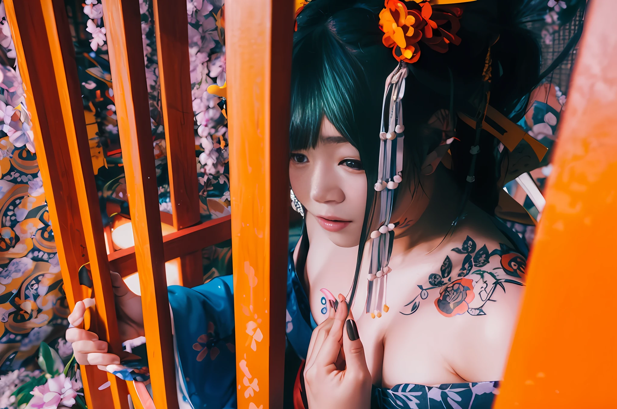 there is a woman with tattoos on her chest and a tattoo on her arm, huge breasts,japanese shibari with flowers, inspired by Torii Kiyonobu I, geisha photo portrait, inspired by Tadanori Yokoo, inspired by Itō Shinsui, ukiyo e, inspired by Shunkōsai Hokushū