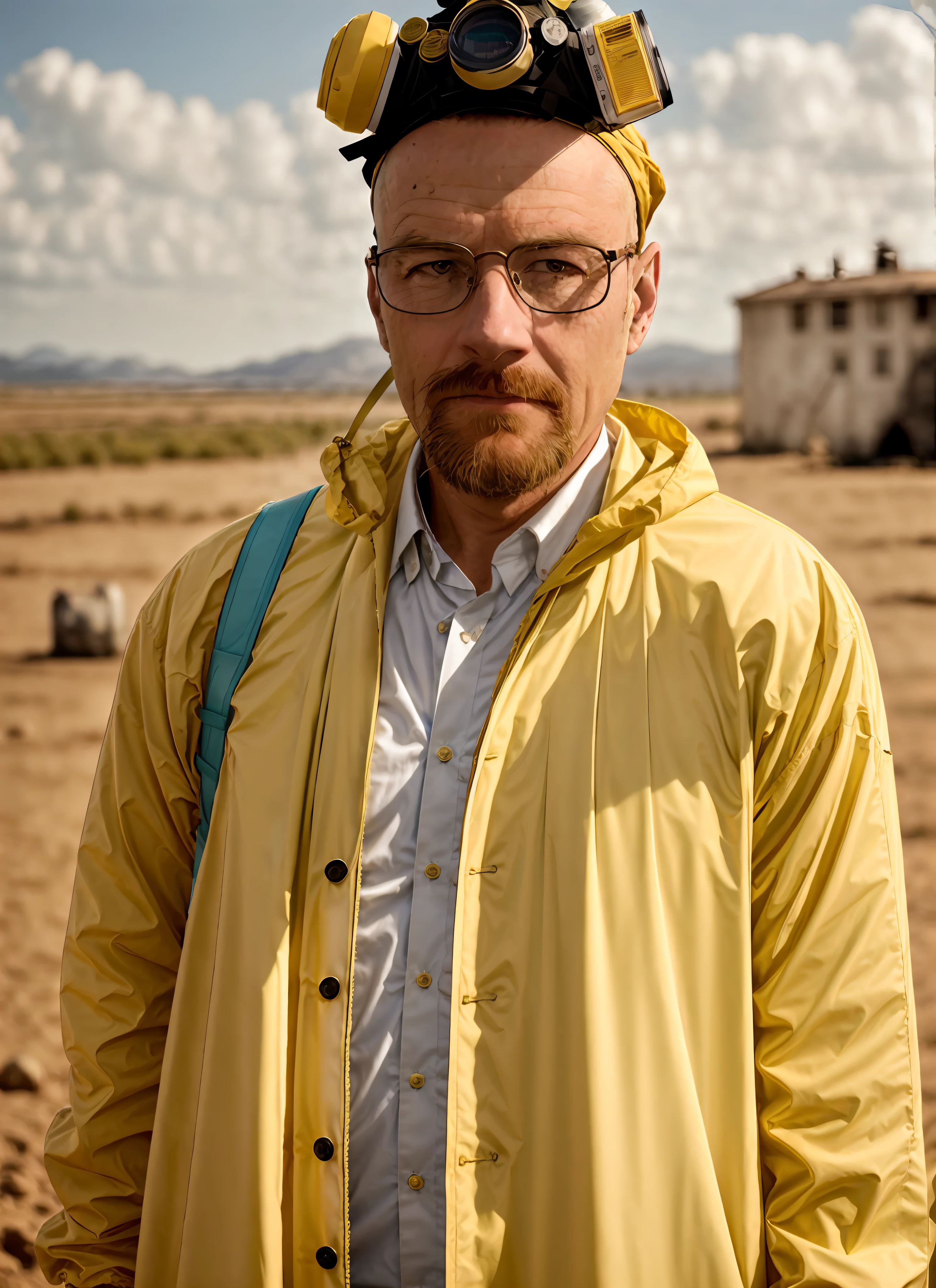 A stunning intricate full colour upper body photo of man wearing glasses, (wearing a yellow lab coat and a gas mask on the head), bald,
epic character composition,
by ilya kuvshinov, alessio albi, nina masic,
sharp focus, natural lighting, subsurface scattering, f2, 35mm, film grain