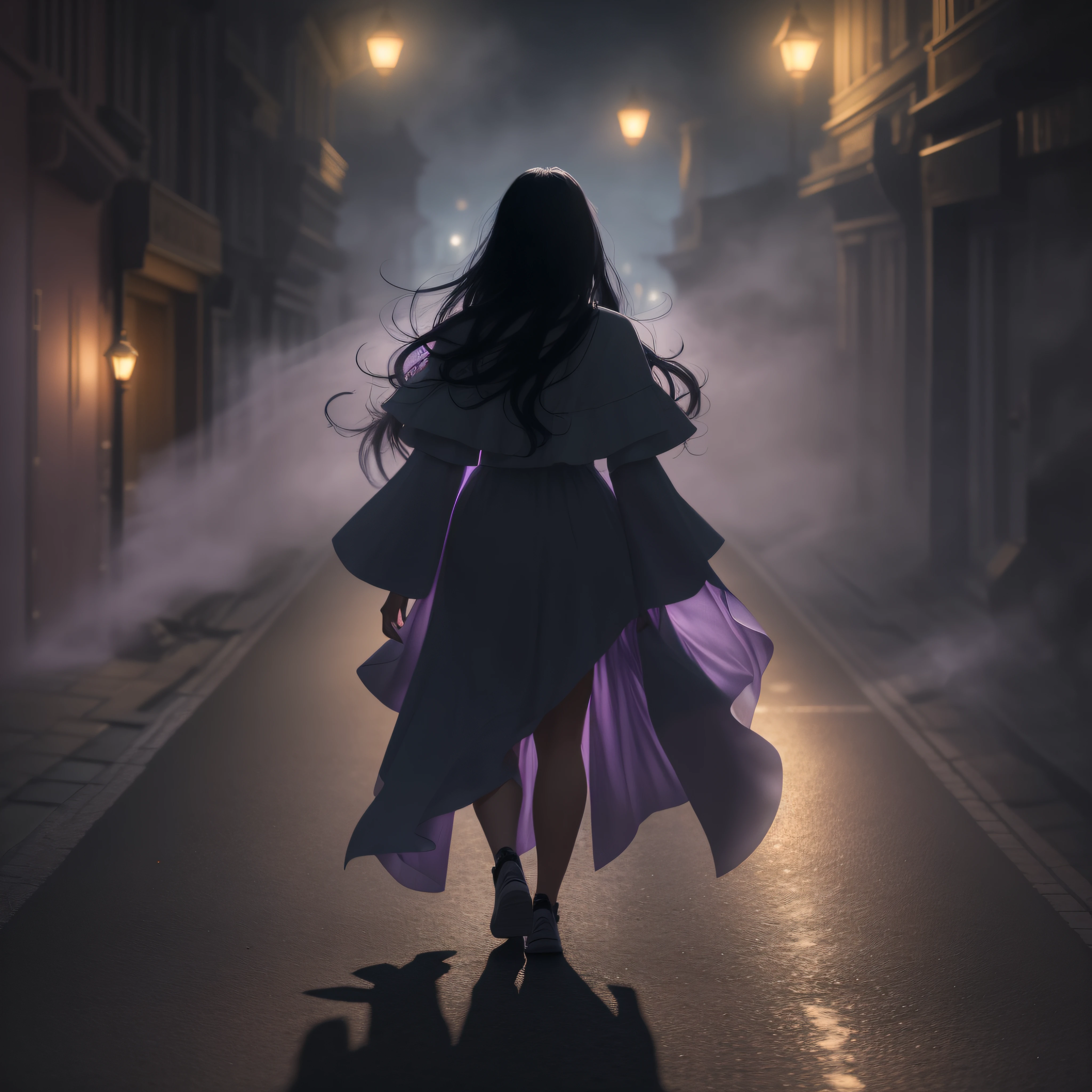 Woman walking head-on down a road at night, with fog and shadows, wavy and long black hair, detailed hand and fingers, high quality, ultra-detailed, 8k, masterpiece, (volumetric lighting), black magic, fanciful, lilac colors, purple, black and vivid shadows on the woman's return. --auto --s2