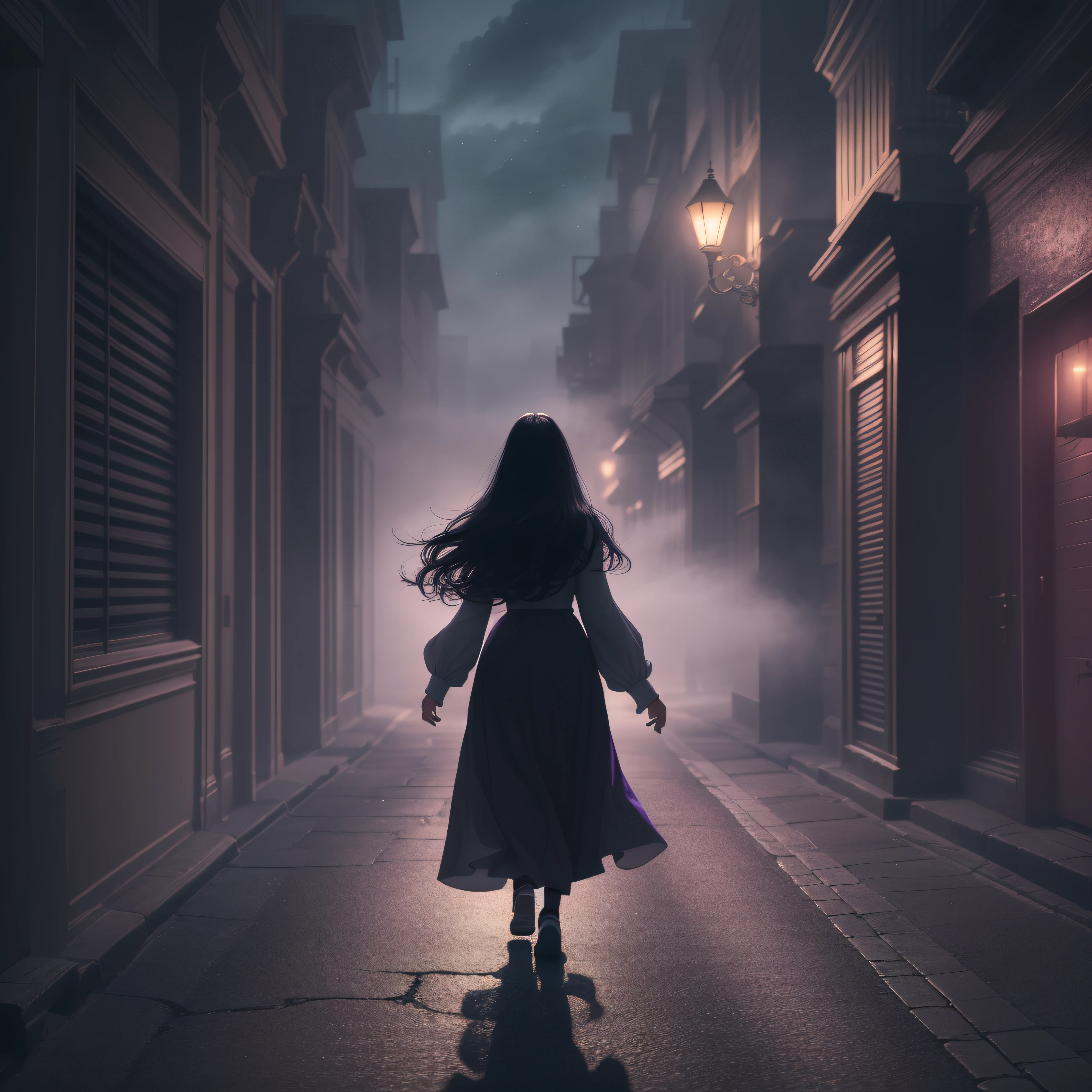 Woman walking head-on down a road at night, with fog and shadows, wavy and long black hair, detailed hand and fingers, high quality, ultra-detailed, 8k, masterpiece, (volumetric lighting), black magic, fanciful, lilac colors, purple, black and vivid shadows on the woman's return. --auto --s2