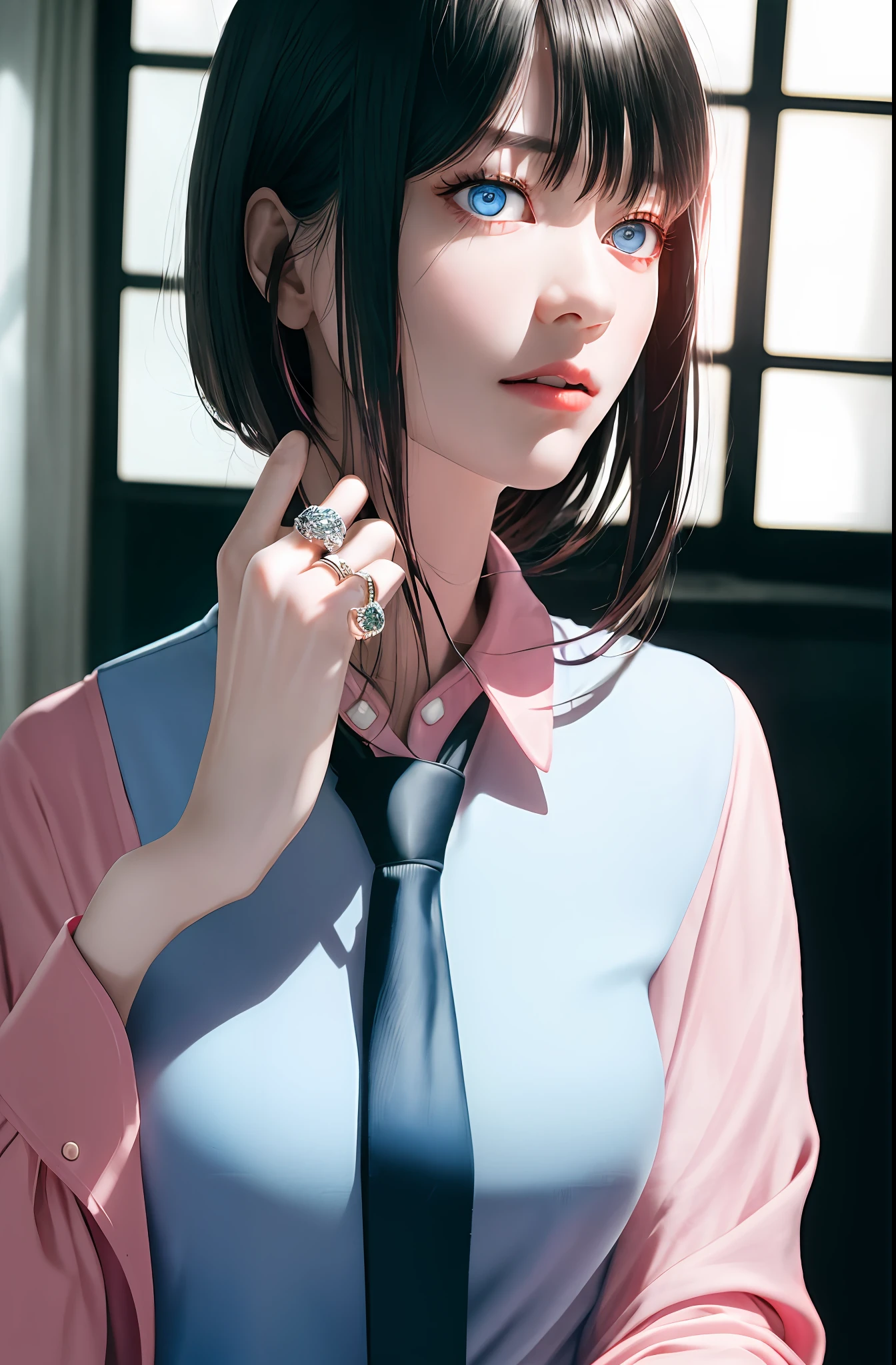 Masterpiece, (Photorealistic: 1.4), Top Quality, Beautiful Lighting, (ulzzang-6500:0.5), Makima \(Chainsaw Man\), (Bob Hair) + (Black Hair) + (Bangs), Blue Eyes, Blue Eyes, (((Ring Eyes)), (Pink Shirt), (Tie), RAW Photography, 8k UHD, Film Grain