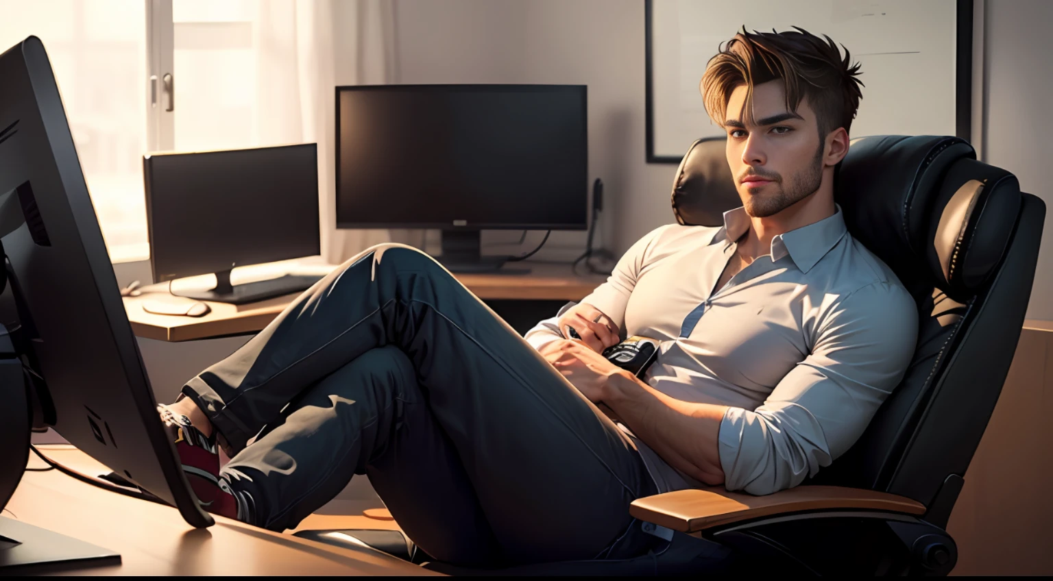 ((medium shot)) portrait of a techie man ((handsome face))) with casual clothing relaxing pose like a boss in his gaming chair and desk with monitors. The emotion feels of satisfaction indulging in his success!