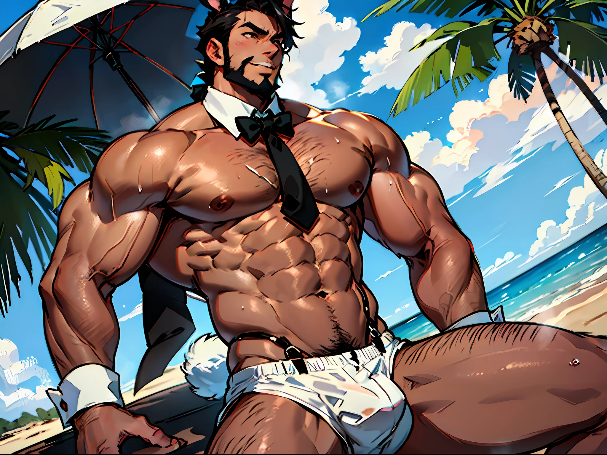 Solo, one man, man only, sexy and sensual, nihilistic smile, squat, playboy bunny, bunny boy, bunny boy waiter, (((black rabbit ears and white rabbit tail))) animal ears, beach, summer daytime, blue sky and big clouds and dazzling sun, luxury resort, sandy beach with umbrella and beach bed, white cuffs on the wrists, black bow tie, suspenders, black men's leather shoes, white socks, black leather G-string, black leather string bite, crotch bulge, no pants, mega muscle, hyper muscular, plump, refreshing, masculine appearance, shiny oily skin, glittery oily skin, brown skin, tanned skin, adult male, black eyes, black face hair, black sideburns, trimmed black hair, cropped beard, wild handsome beauty muscles, belly navel, whiplash, male, gay, hyper muscle, male focus, muscular male, yaoi, buttocks, pectoral muscles, developed pectoralis major muscles, developed quadriceps, thick thighs, wet body, heat and steam coming out of the body, sweating, soaked, big back, back, show back, show ass, sexy poses, super angles, Dynamic poses and angles, SFW version, complex and elegant, highly detailed digital painting, anime style art, art station, concept art, top quality, master masterpiece, ultra high definition, detailed background, realistic figure, muscular man, muscle, volume lighting, depth of field, smooth and sharp focus, illustration, art: Detailed anime soft face made by anime painter studio, wild man anime portrait, realistic anime art style, smooth anime CG art, high detail face anime,