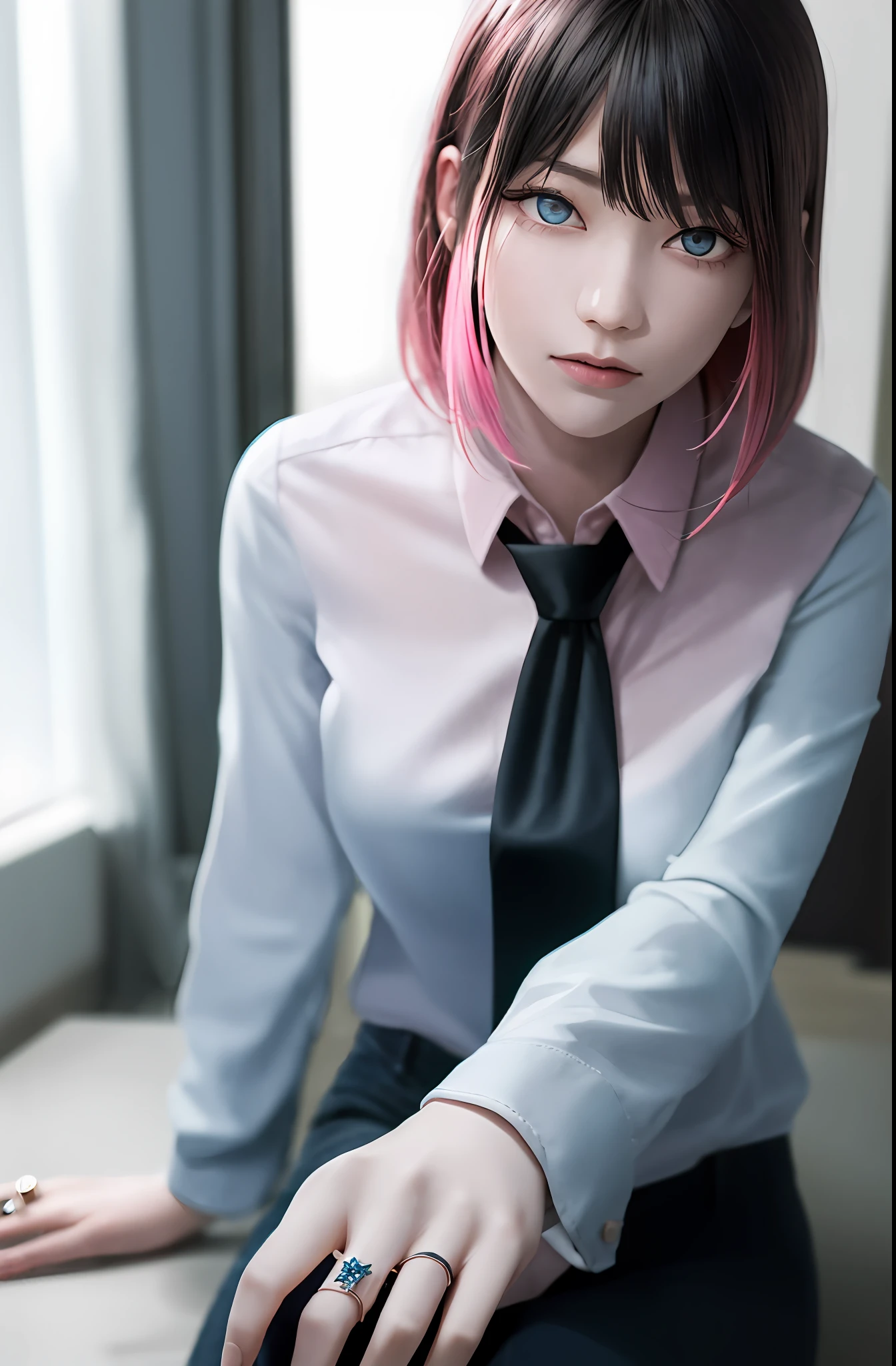 Masterpiece, (Photorealistic: 1.4), Top Quality, Beautiful Lighting, (ulzzang-6500:0.5), Makima \(Chainsaw Man\), (Bob Hair) + (Black Hair) + (Bangs), Blue Eyes, Blue Eyes, (((Ring Eyes)), (Pink Shirt), (Tie), RAW Photography, 8k UHD, Film Grain