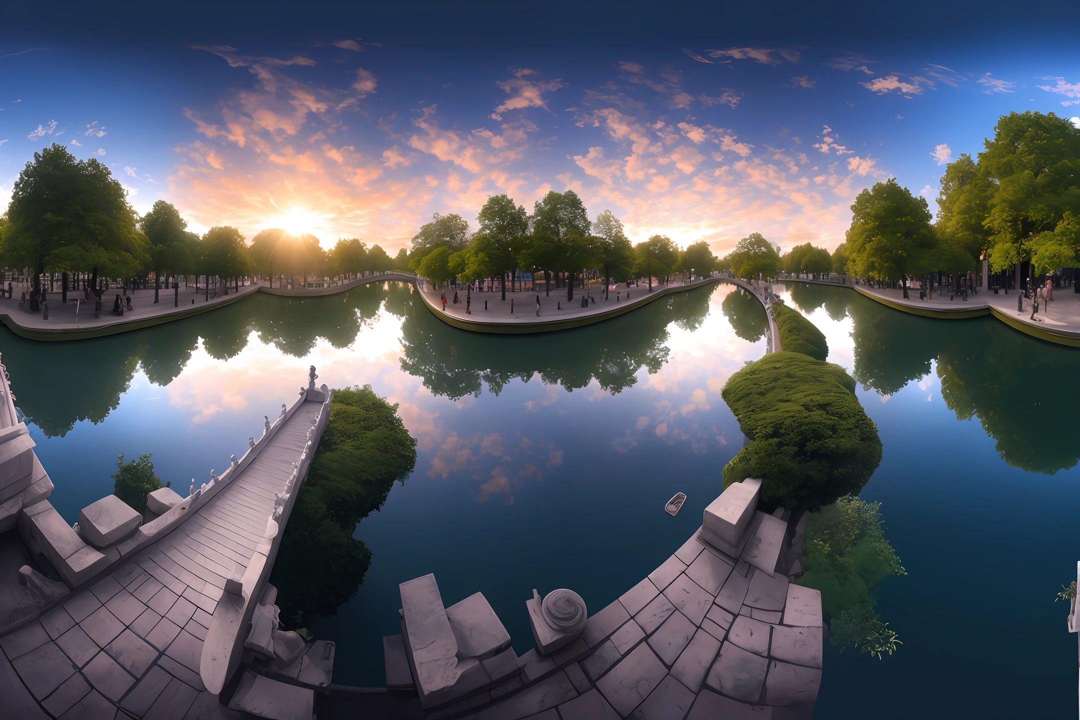 Masterpiece, best quality, high quality, extremely detailed CG unity 8k wallpaper, classical Chinese garden, landscape, amsterdam, winter, outdoors, sky, daytime, landscape, water, tree, blue sky, waterfall, nature, lake, river, cloudy sky, award winning photography, bokeh, depth of field, HDR, bloom, chromatic aberration, realism, very detailed, 360VR panorama, trends on artstation, trends on CGsociety, intricate, high detail, dramatic, Midjourney art
